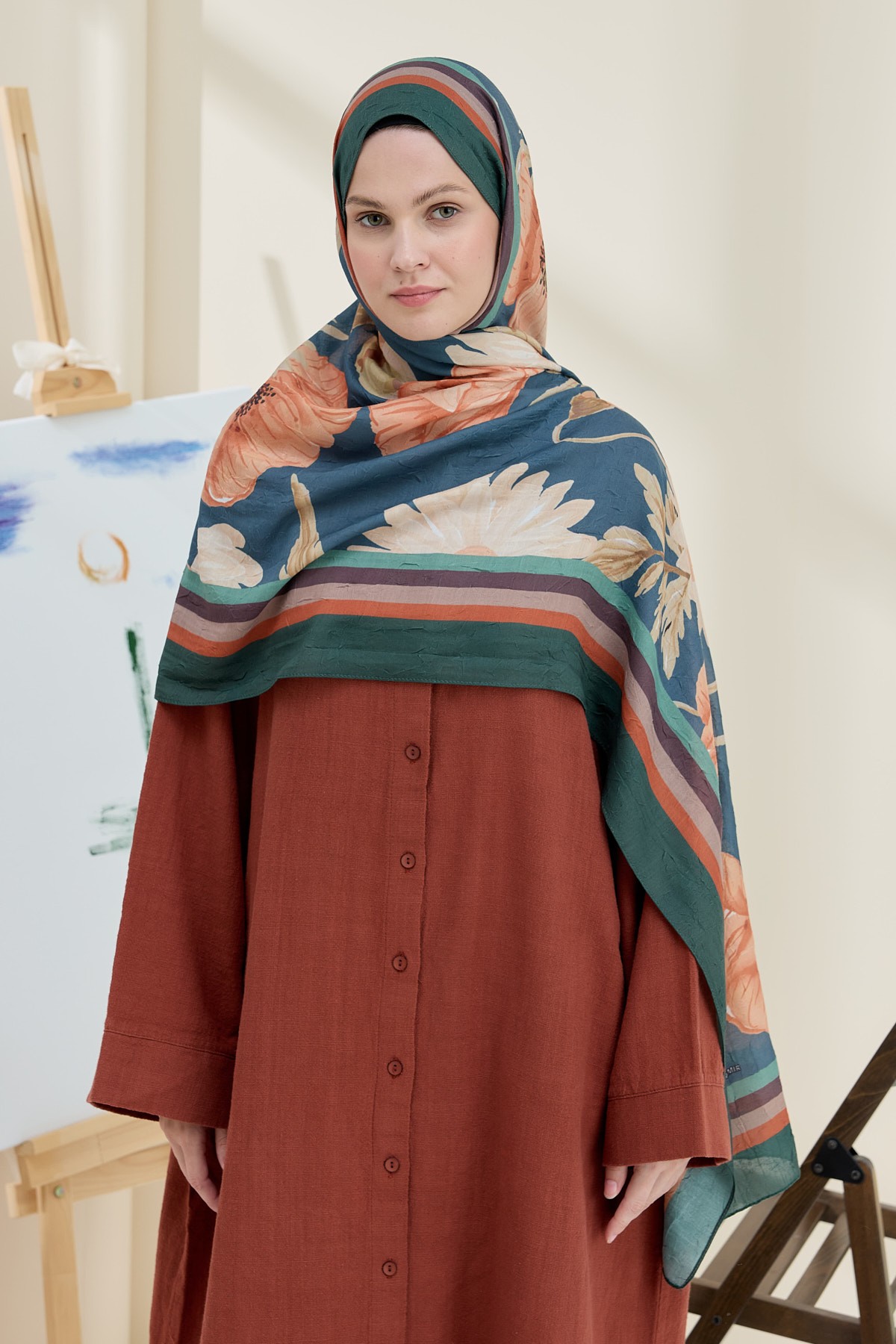 Margarit Pattern Bamboo Shawl - Dark Green