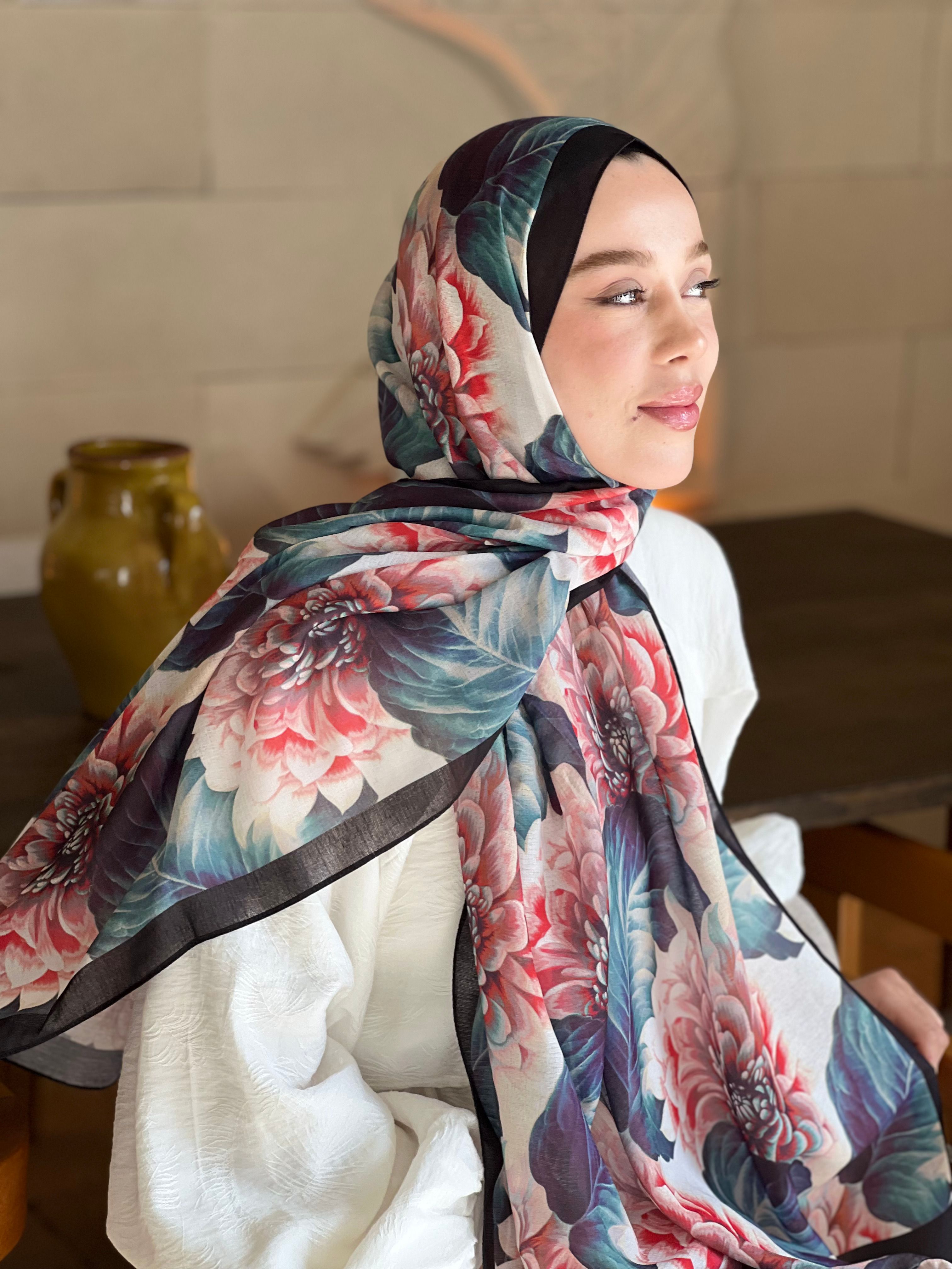 Ortanca Desen Lina Şal - Siyah