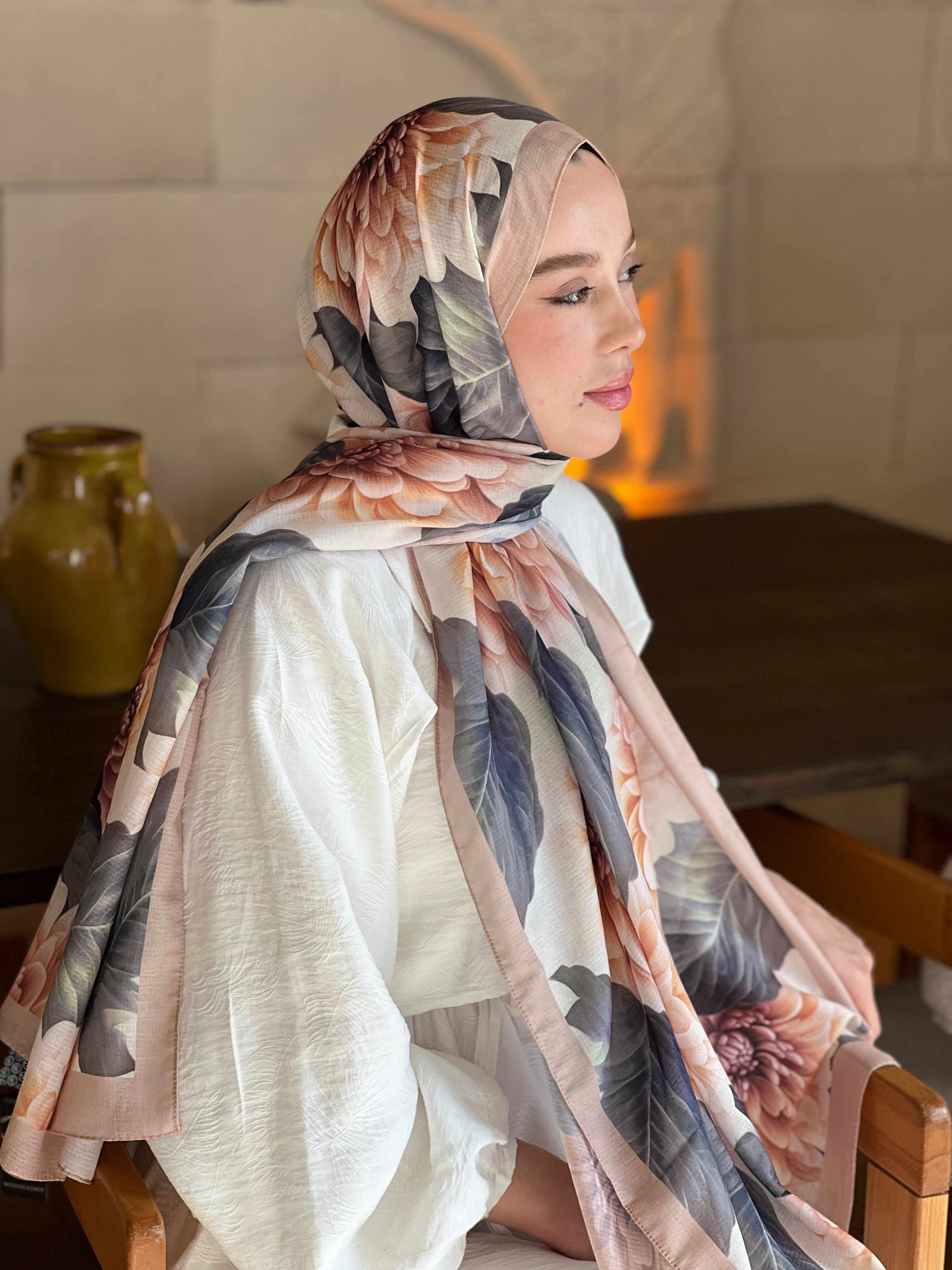 Ortanca Desen Lina Şal - İğde
