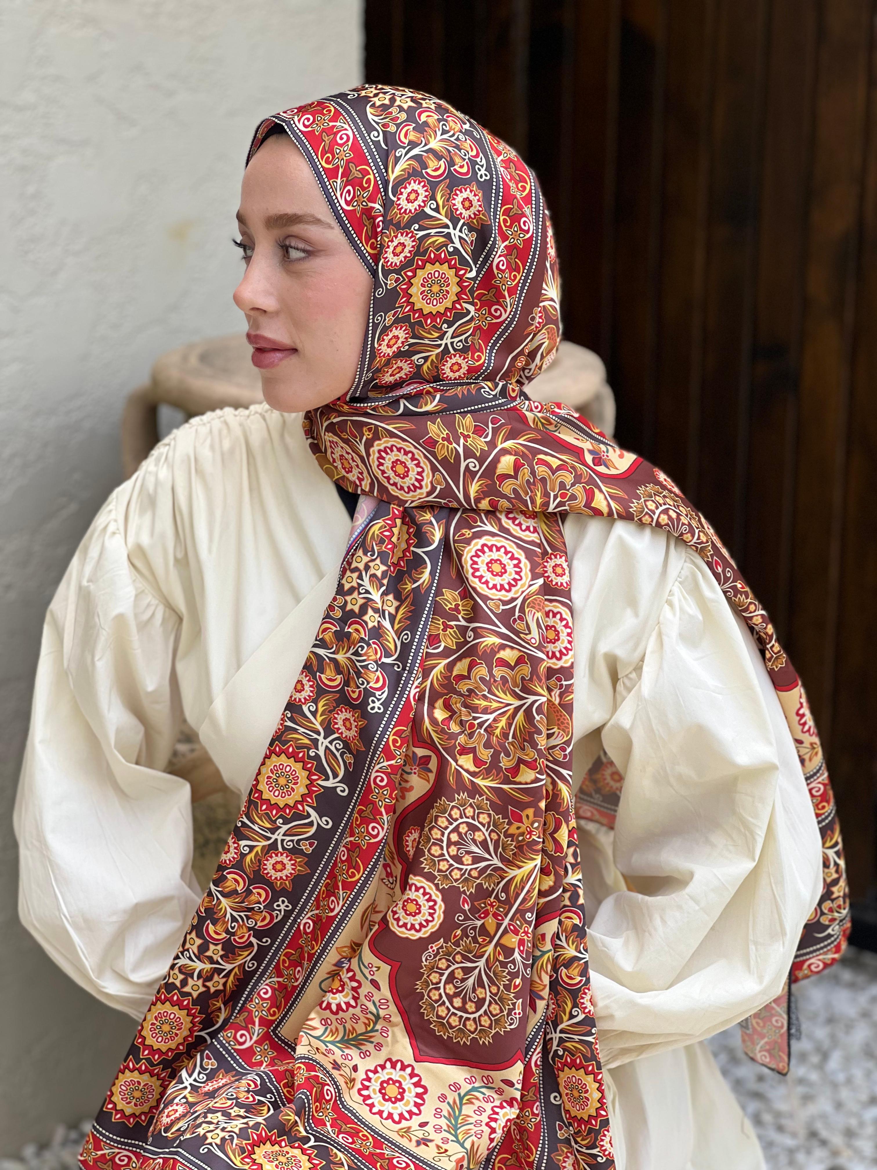 Gülce Desen Tanca Şal - Kırmızı-Koyu Gri