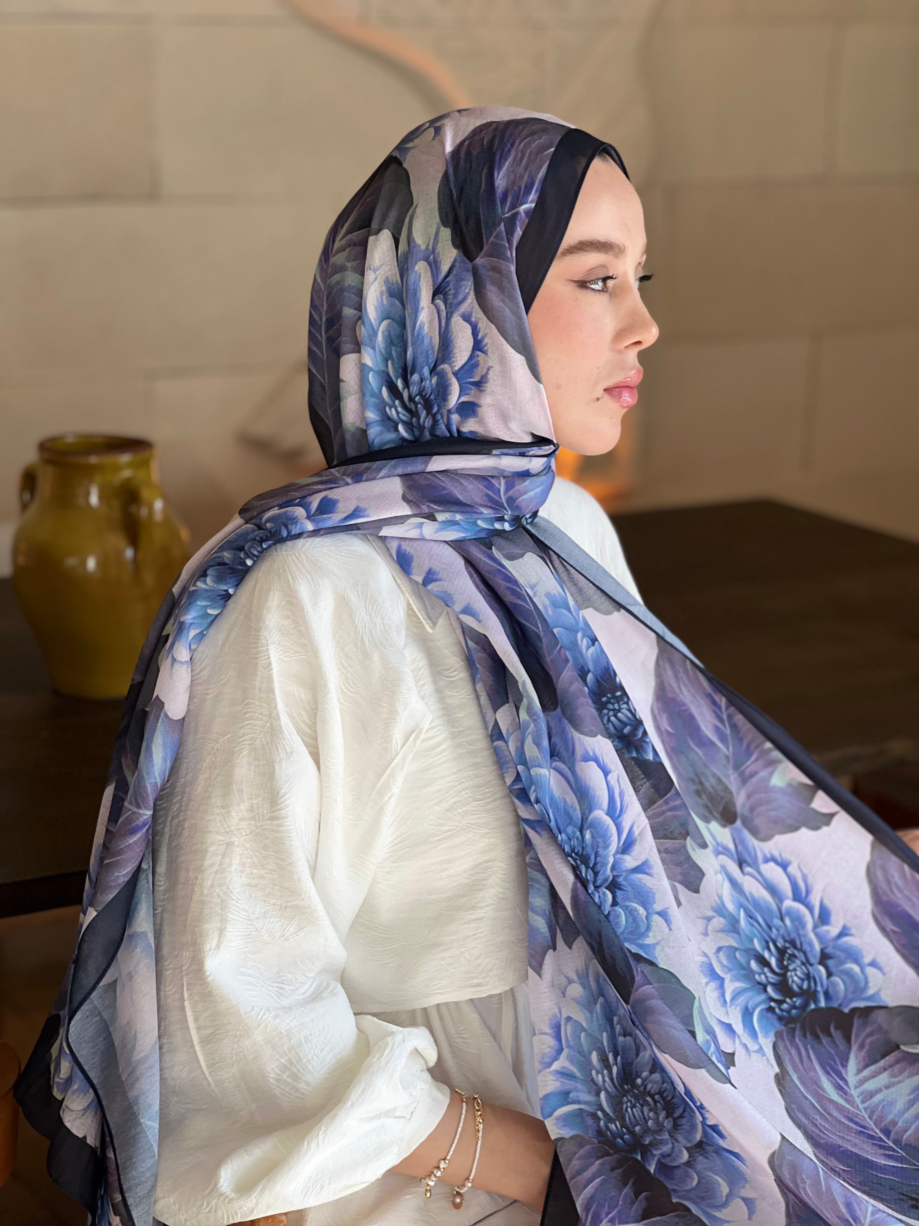 Ortanca Desen Lina Şal - Lacivert-Pembe