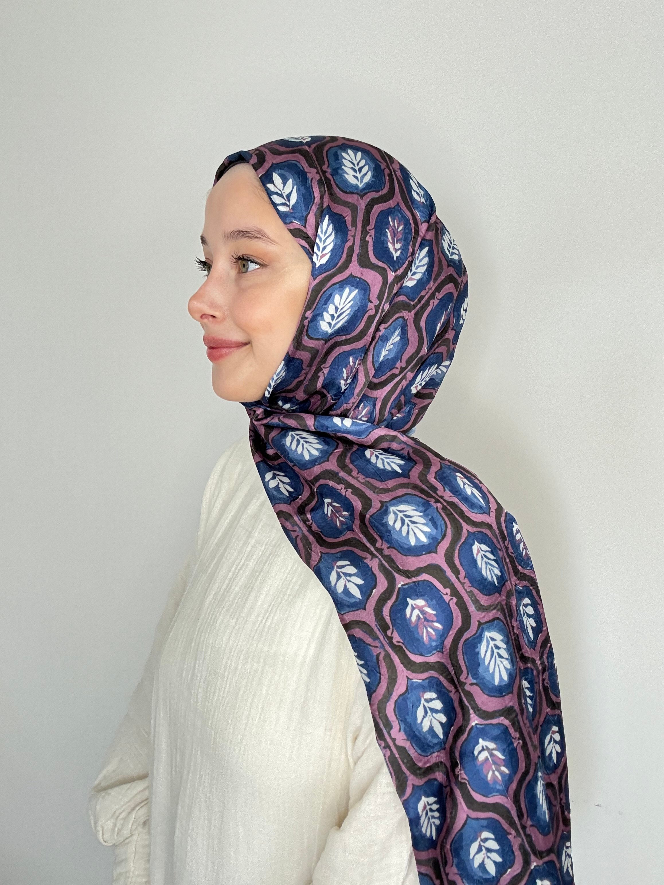 Wheat Pattern Bright Bamboo Shawl - Lacivert-Gül Kurusu