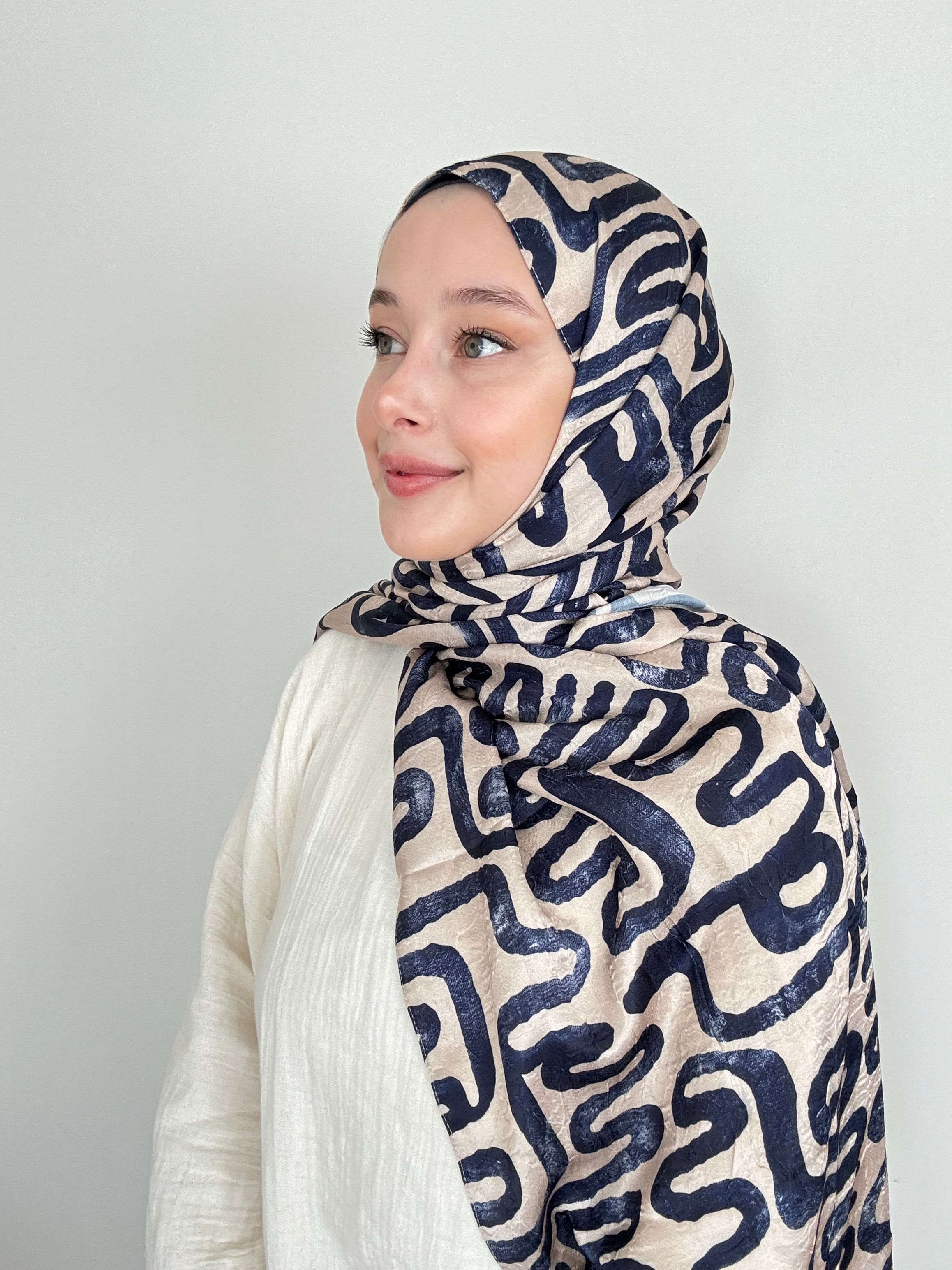 Abstract Wave Pattern Bright Bamboo Shawl - İğde-Lacivert