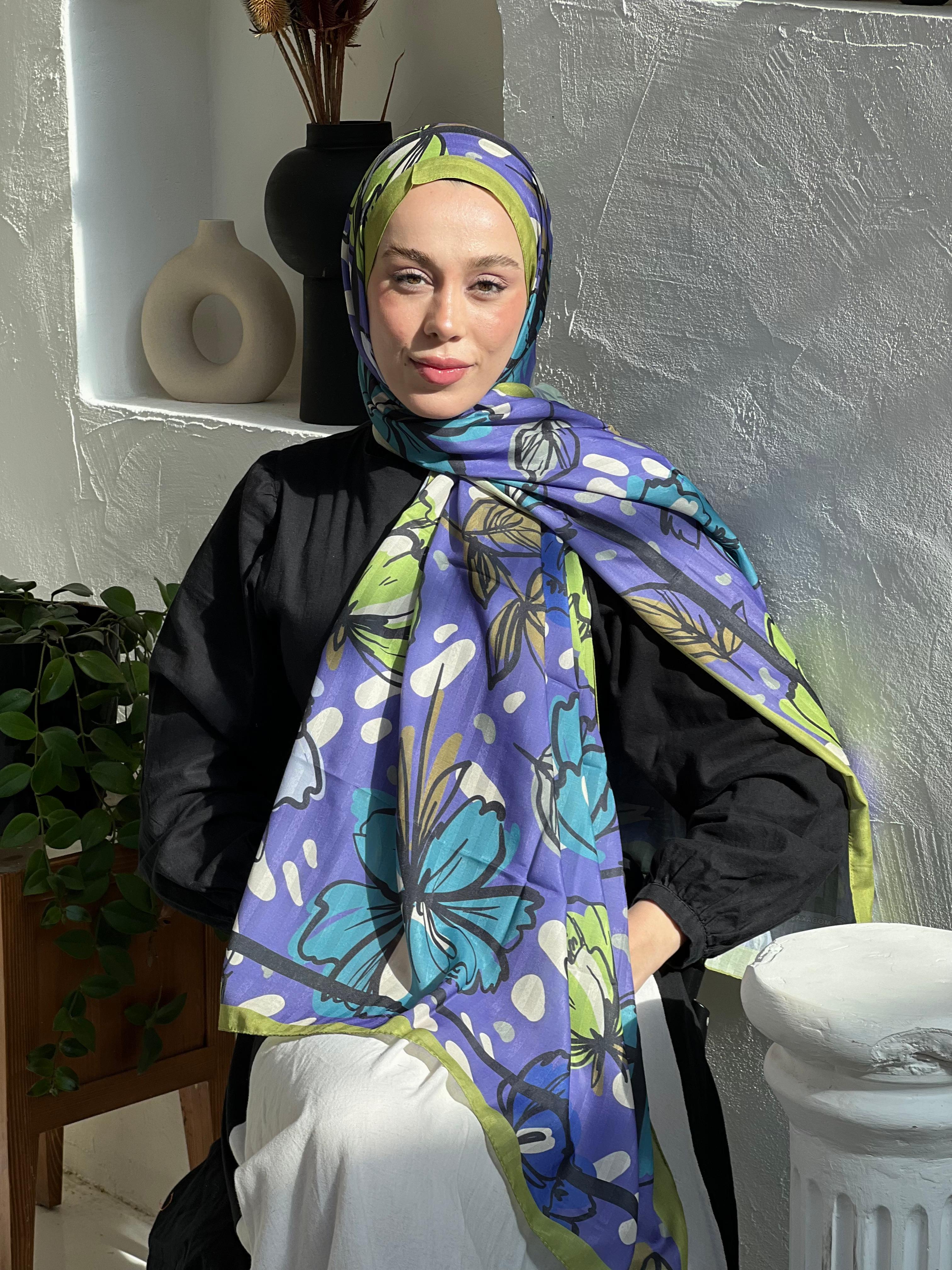 Lilium Pattern Striped Shawl - Oil Green