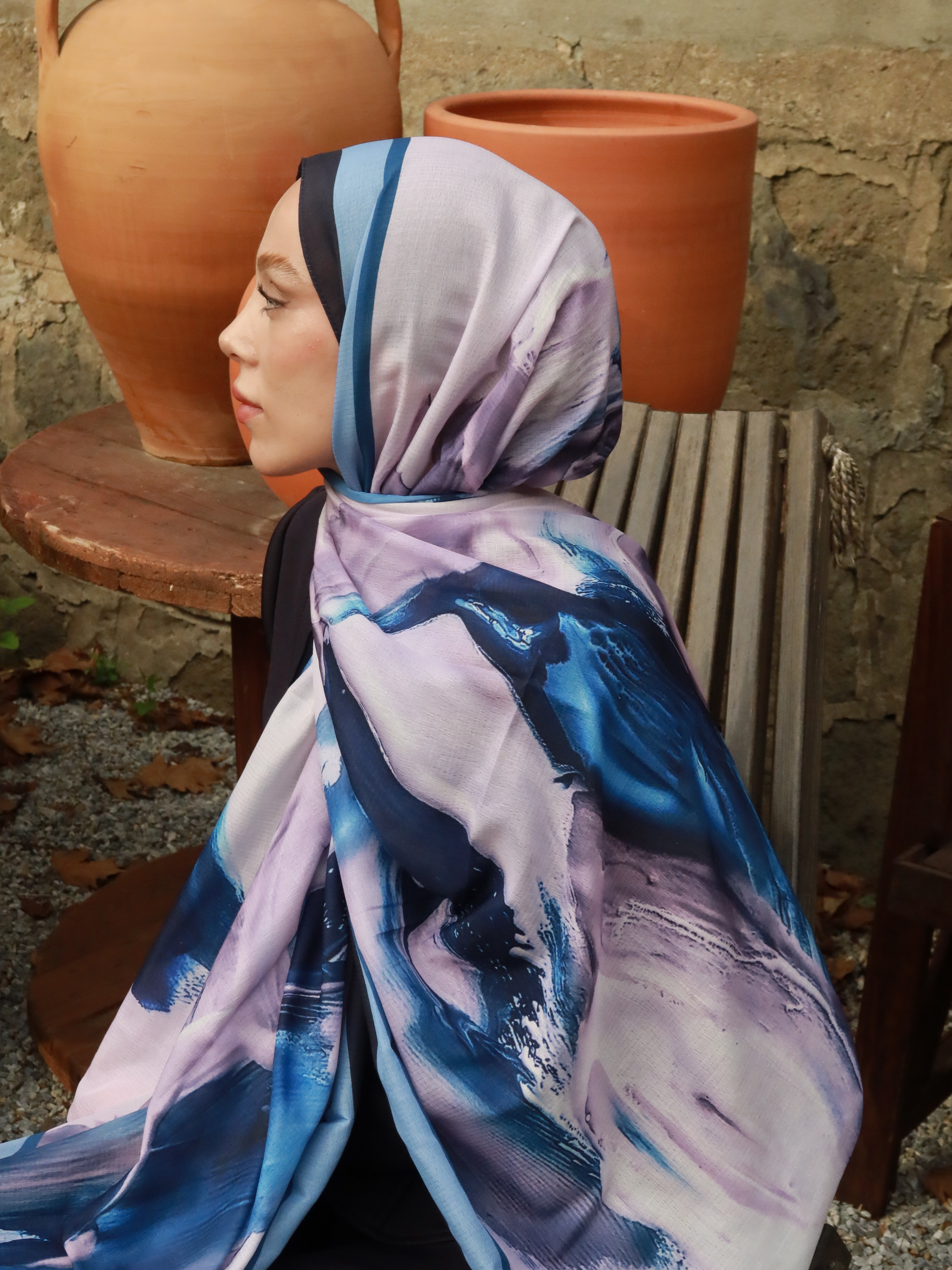 Punch Desen Lina Şal - Lacivert-Mavi