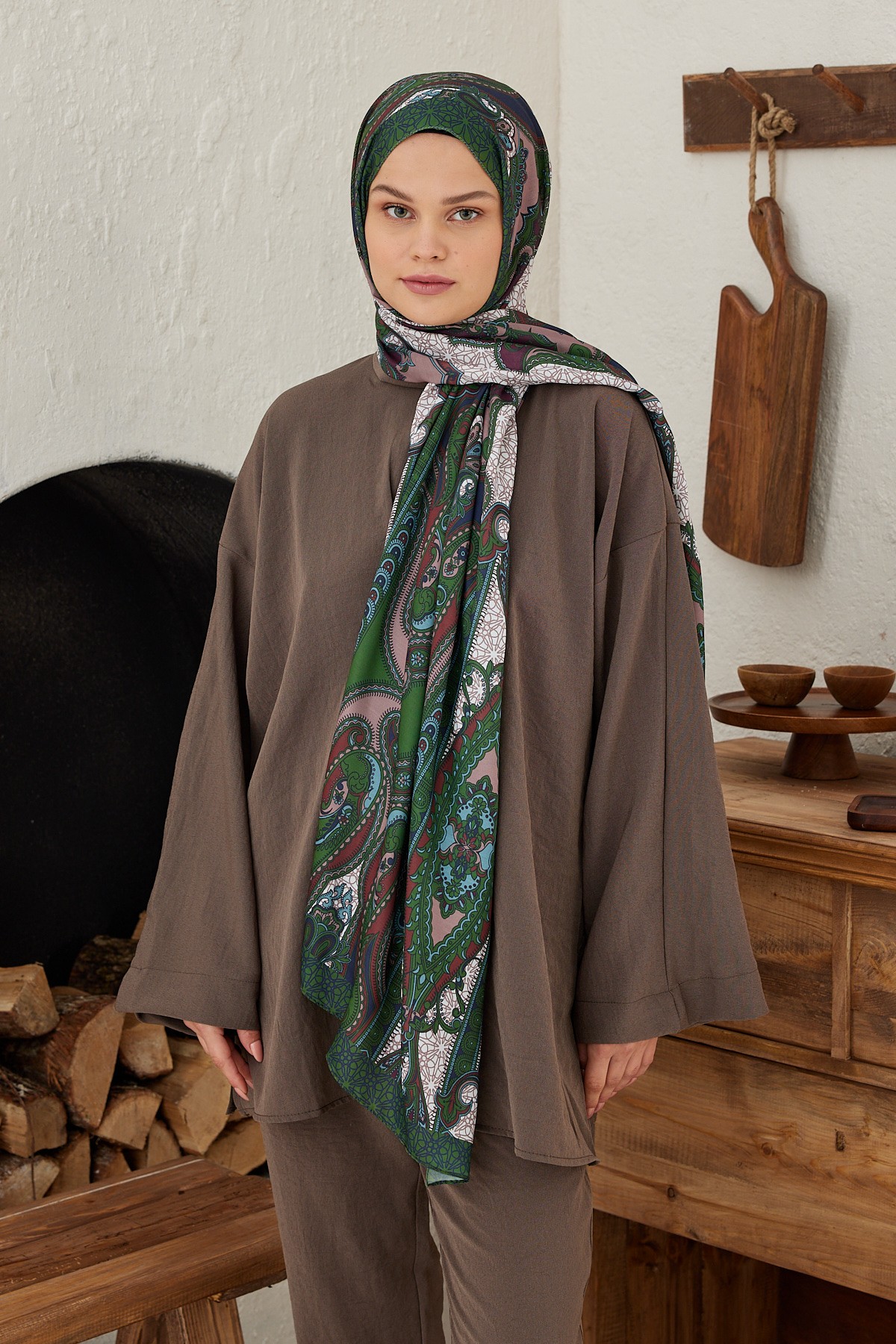 Orient Pattern Cotton Shawl - Haki