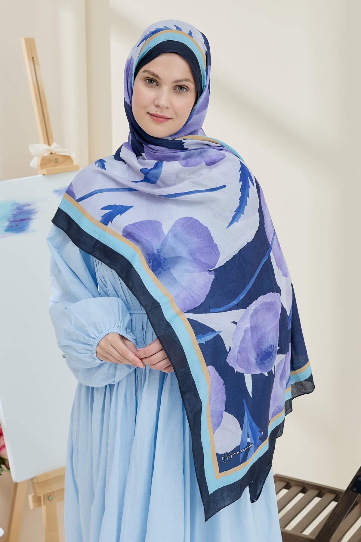 Poppy Pattern Bamboo Shawl - Blue-Ice