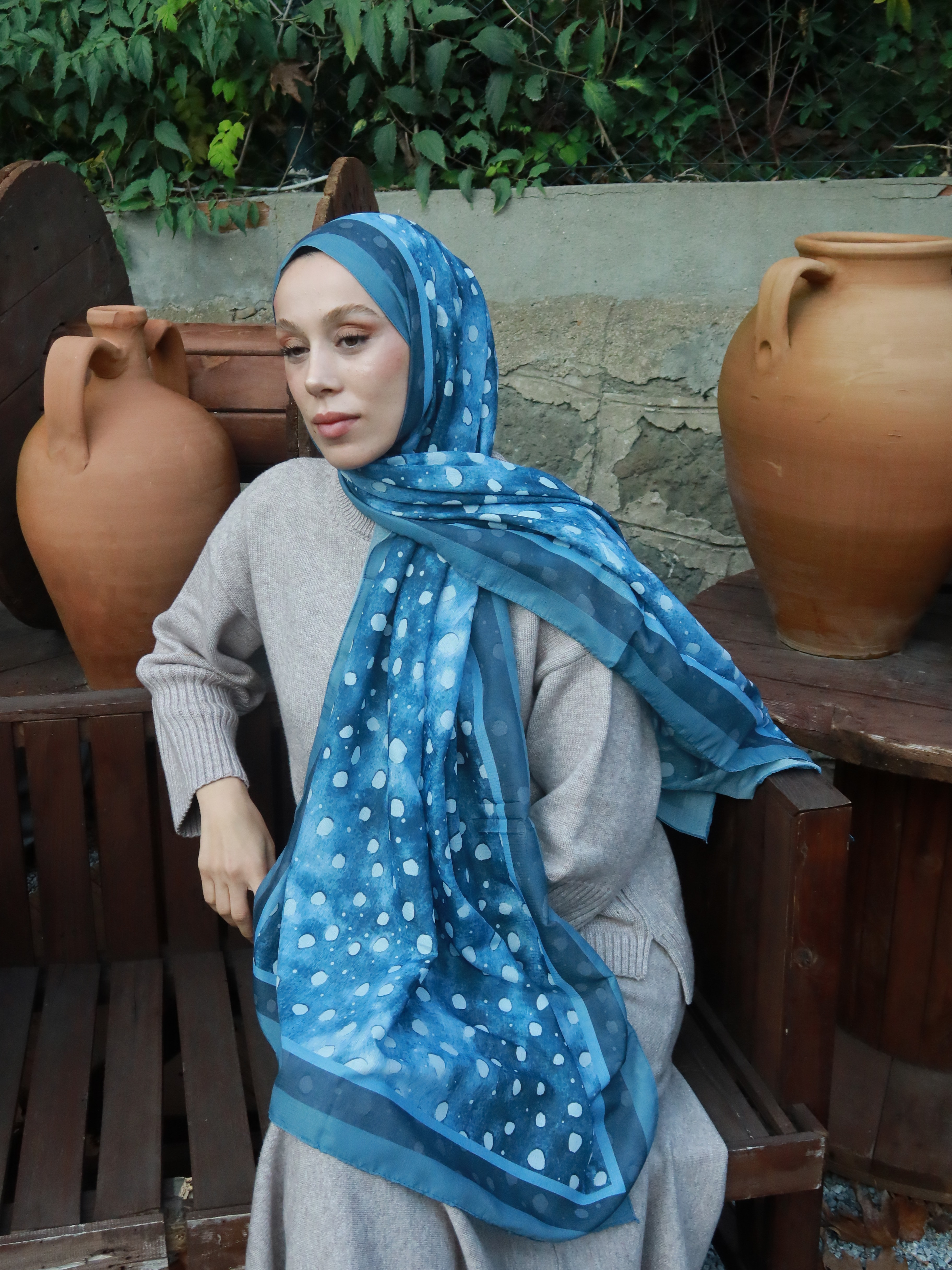 Geyik Desen Lina Şal - Mavi gri
