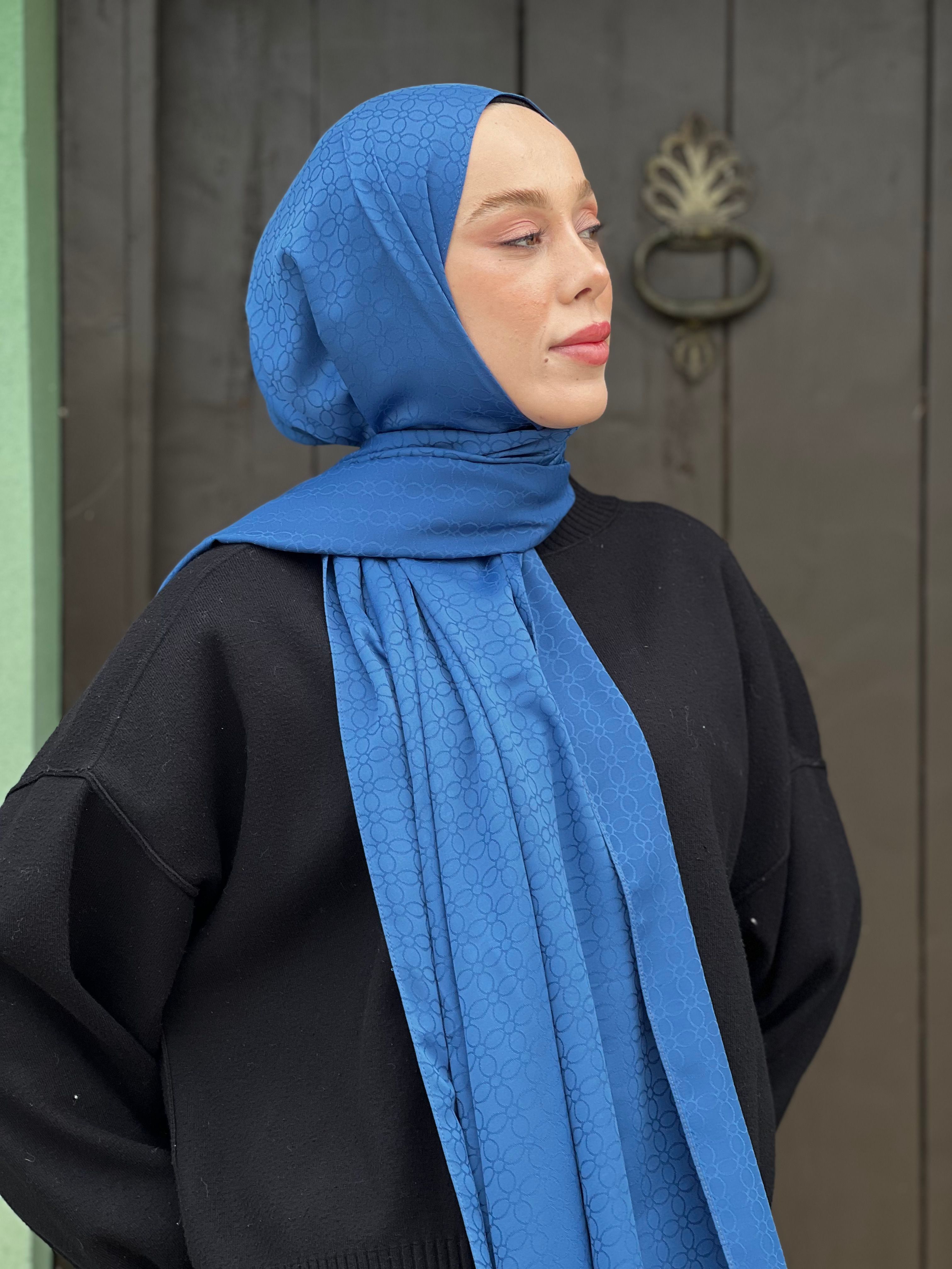 Silky Jacquard Series Clover Pattern Shawl - Gece Mavisi