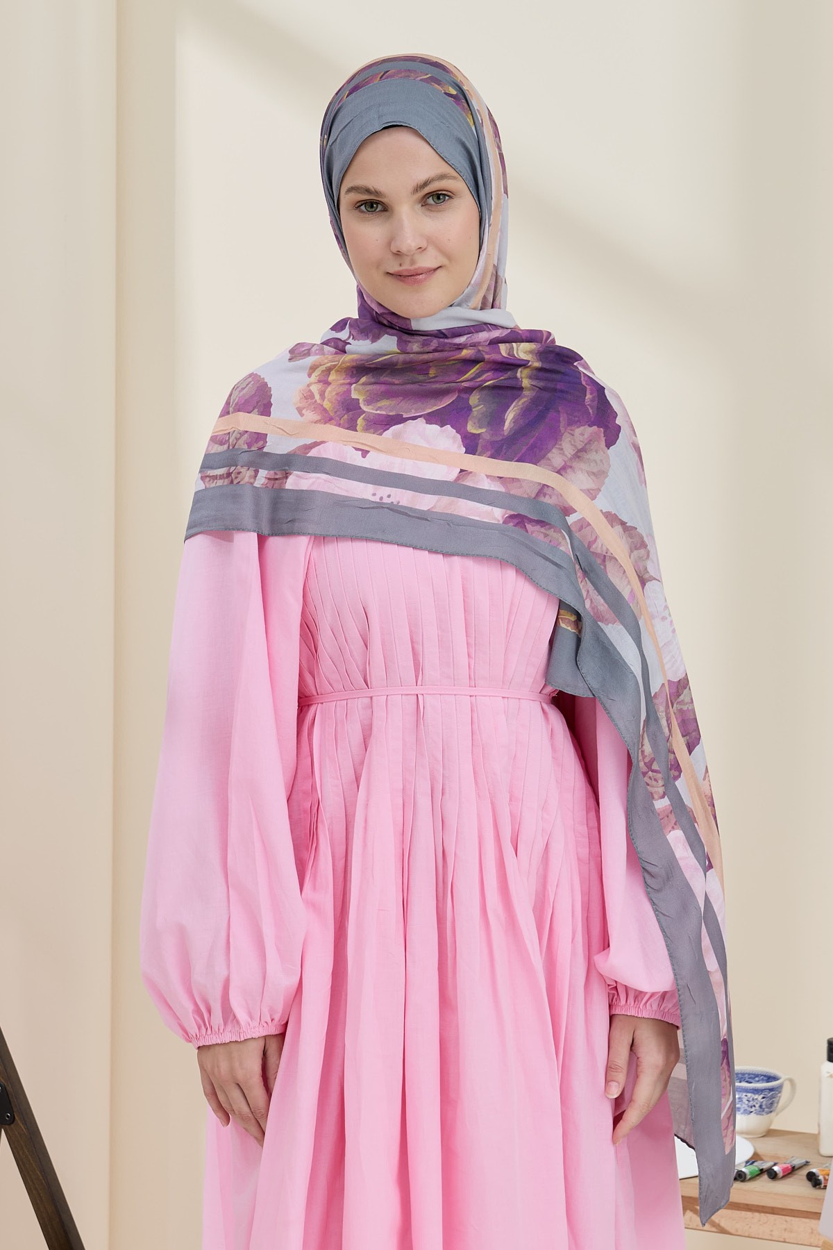 Rose Pattern Bamboo Shawl - Gray