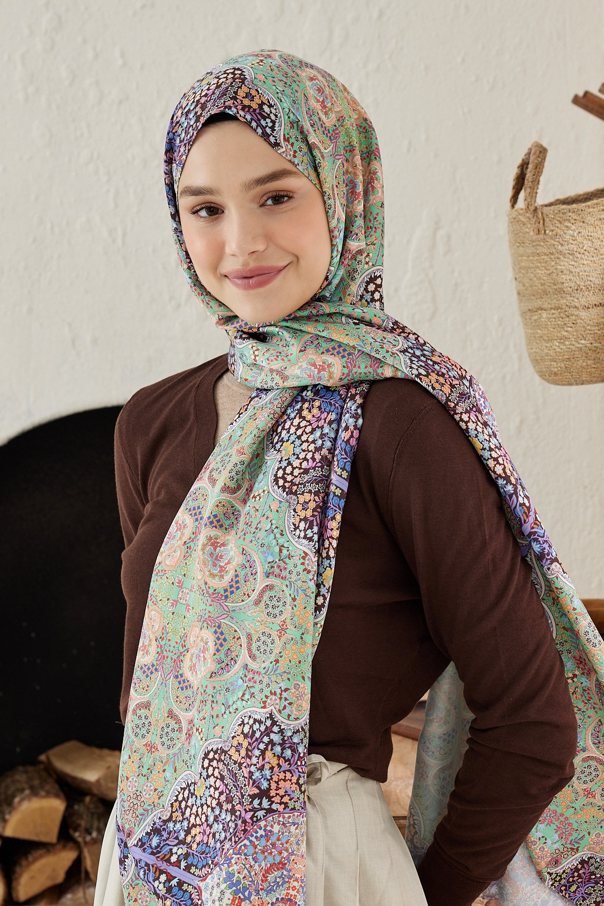 Silky Shawl Munhani Pattern - Siyah-Mint