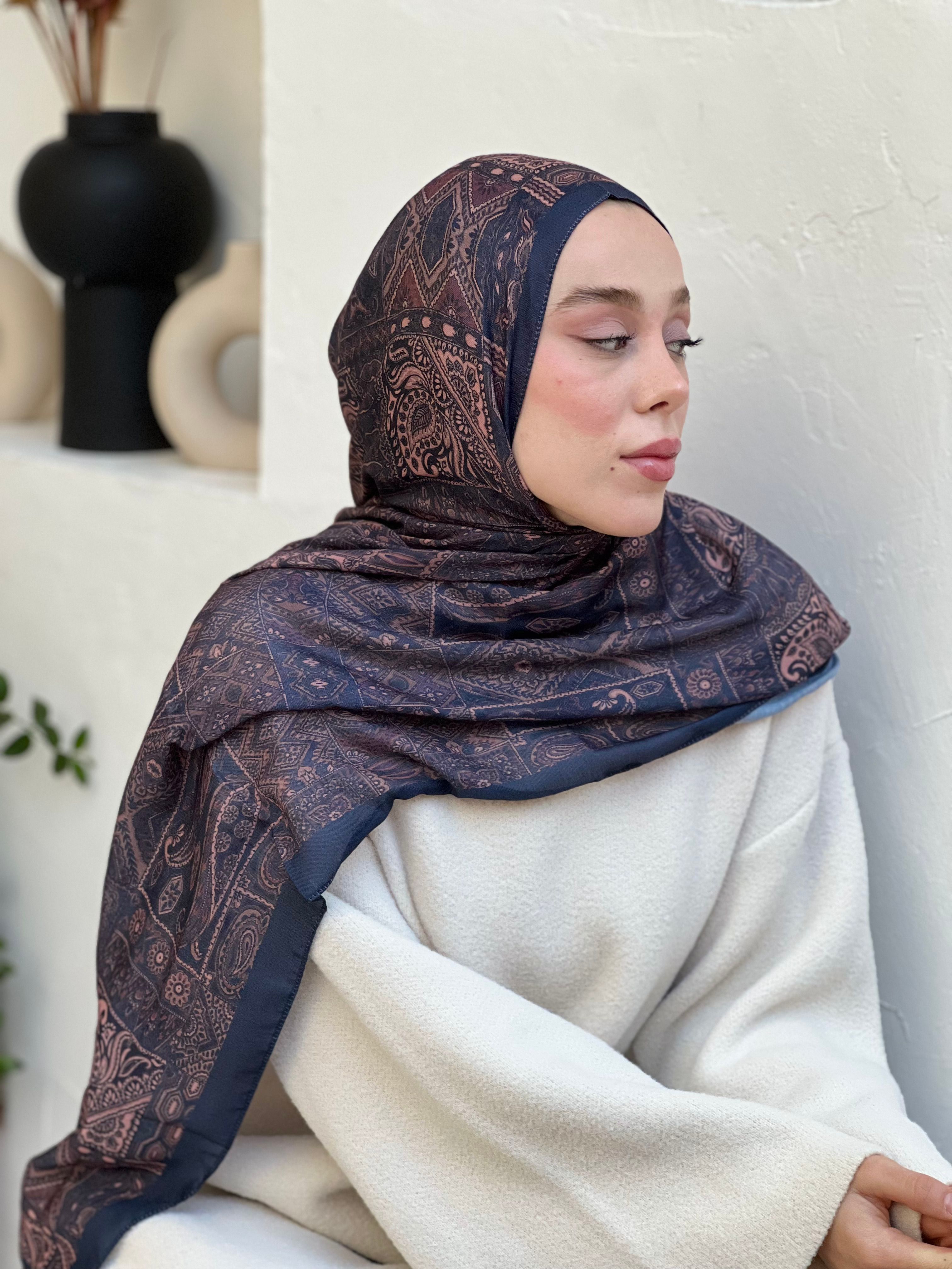 Siena Pattern Cotton Shawl - Navy Blue-Mink