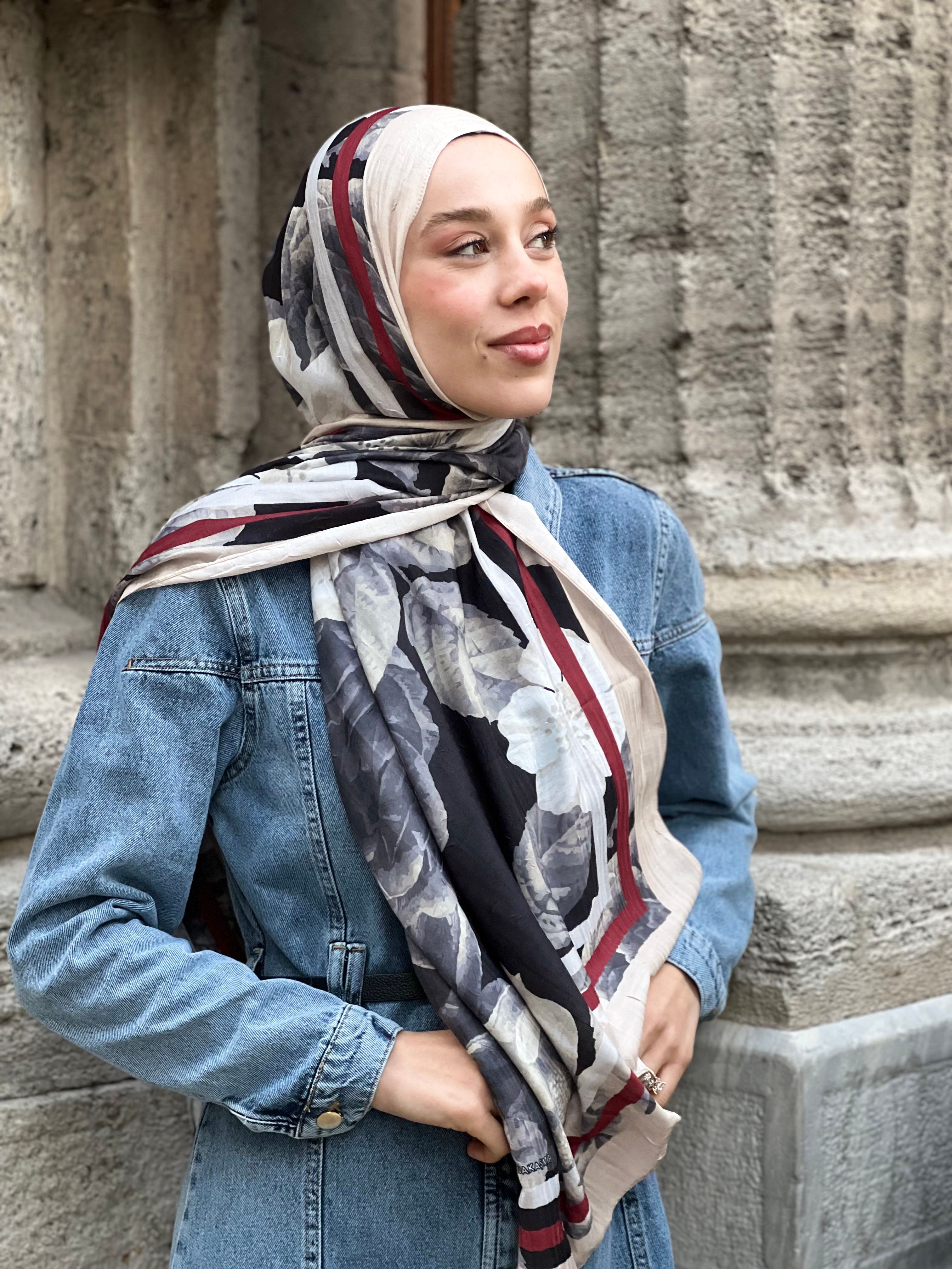 Gül Desen Bambu Şal - İğde-Bordo