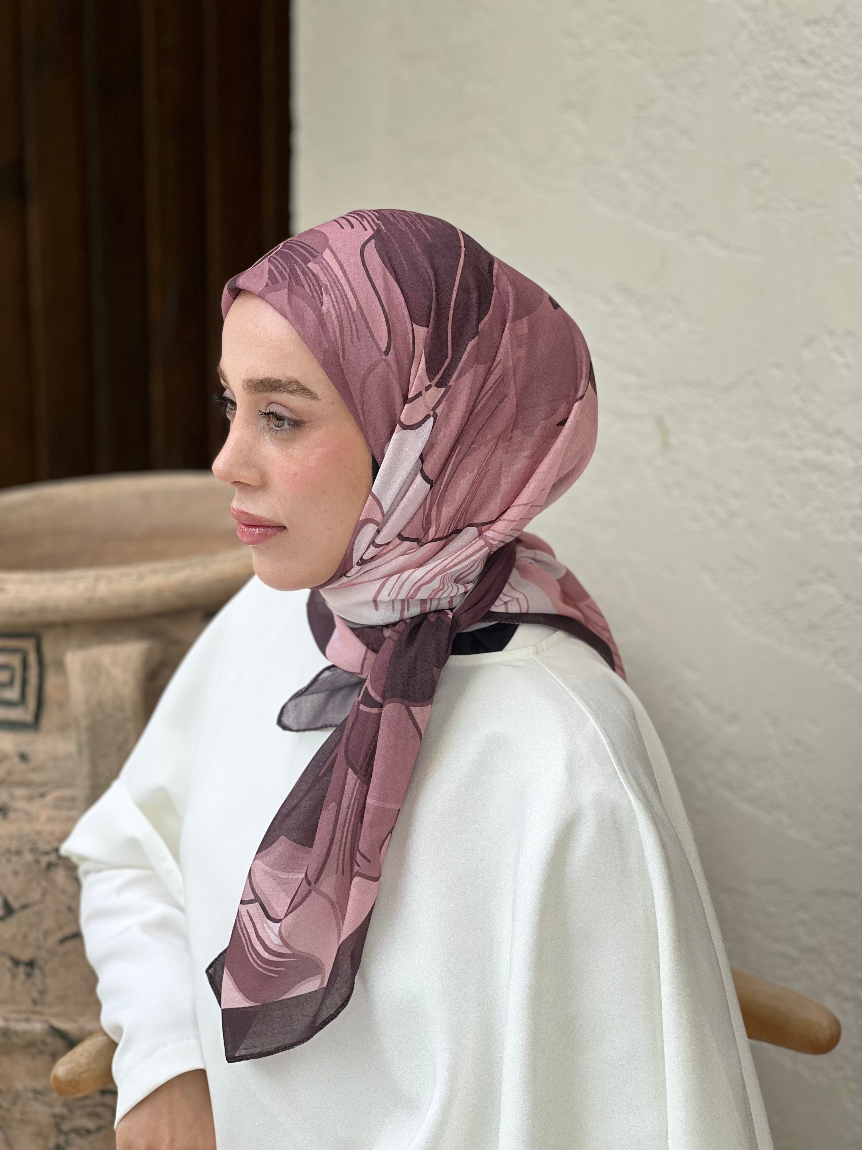 110 Cm Orkide Desen Eşarp - Acı Kahve-Pembe