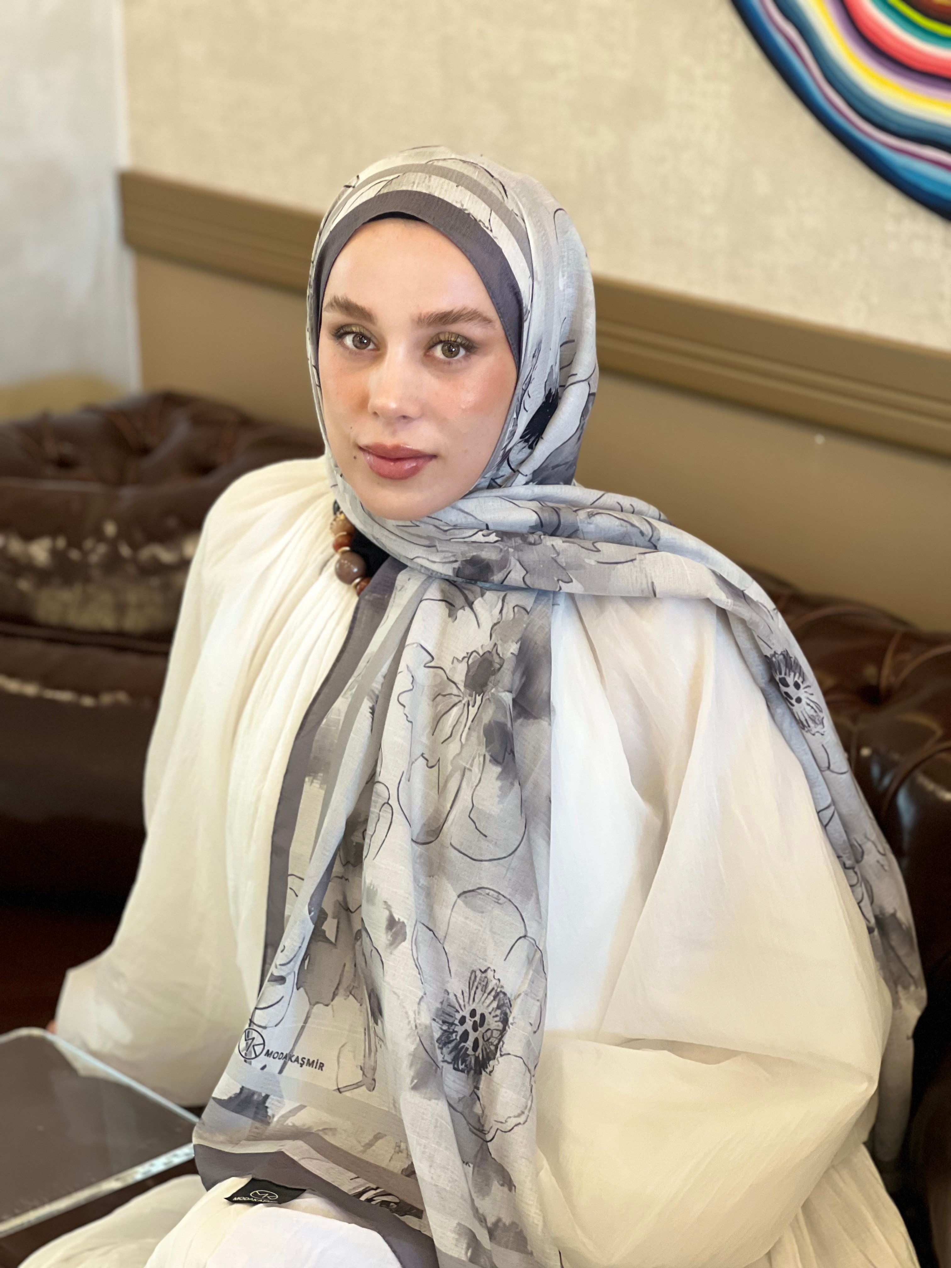 Pastelia Desen Lina Şal - Koyu Gri-Gri