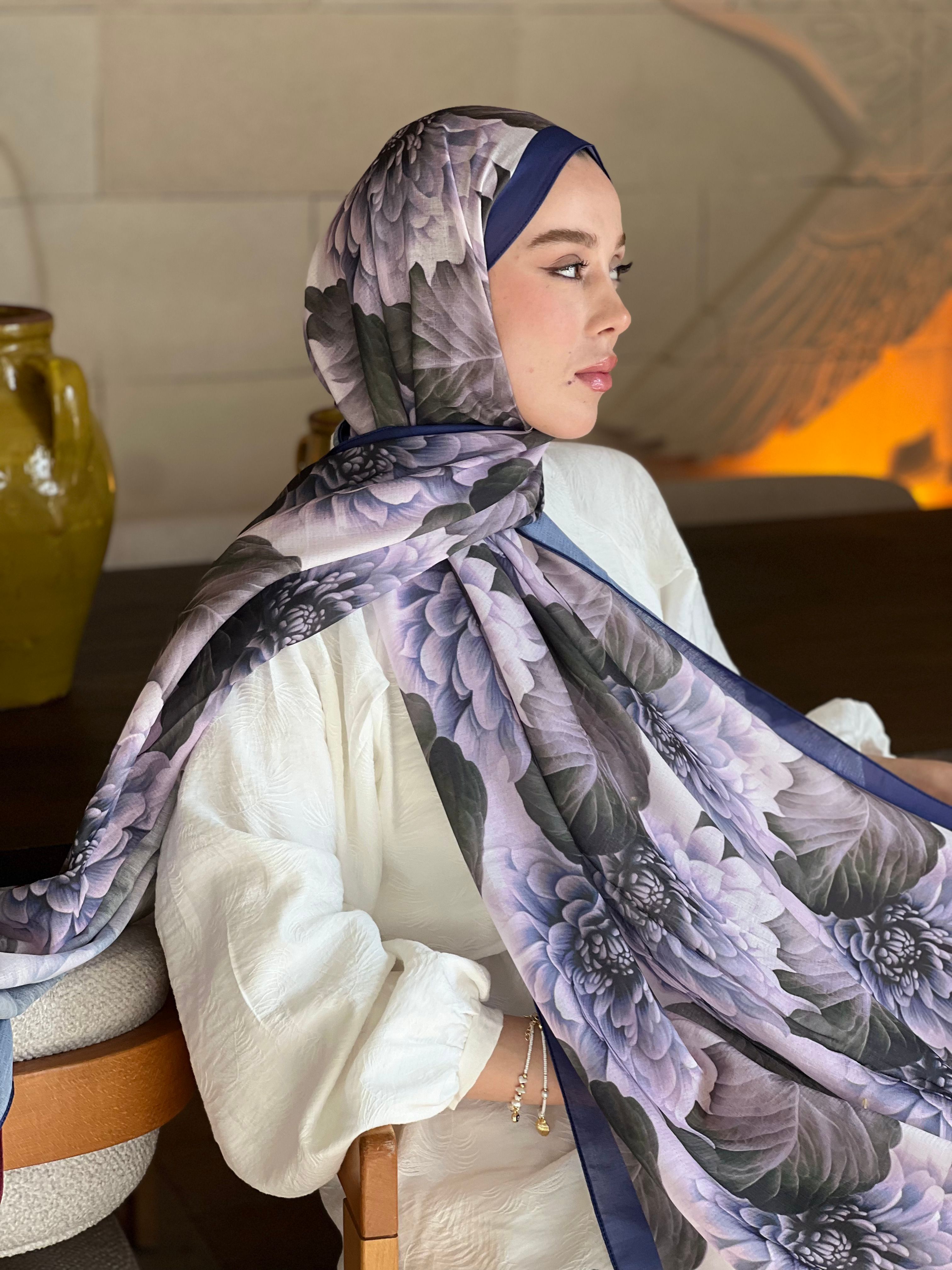 Ortanca Desen Lina Şal - İndigo