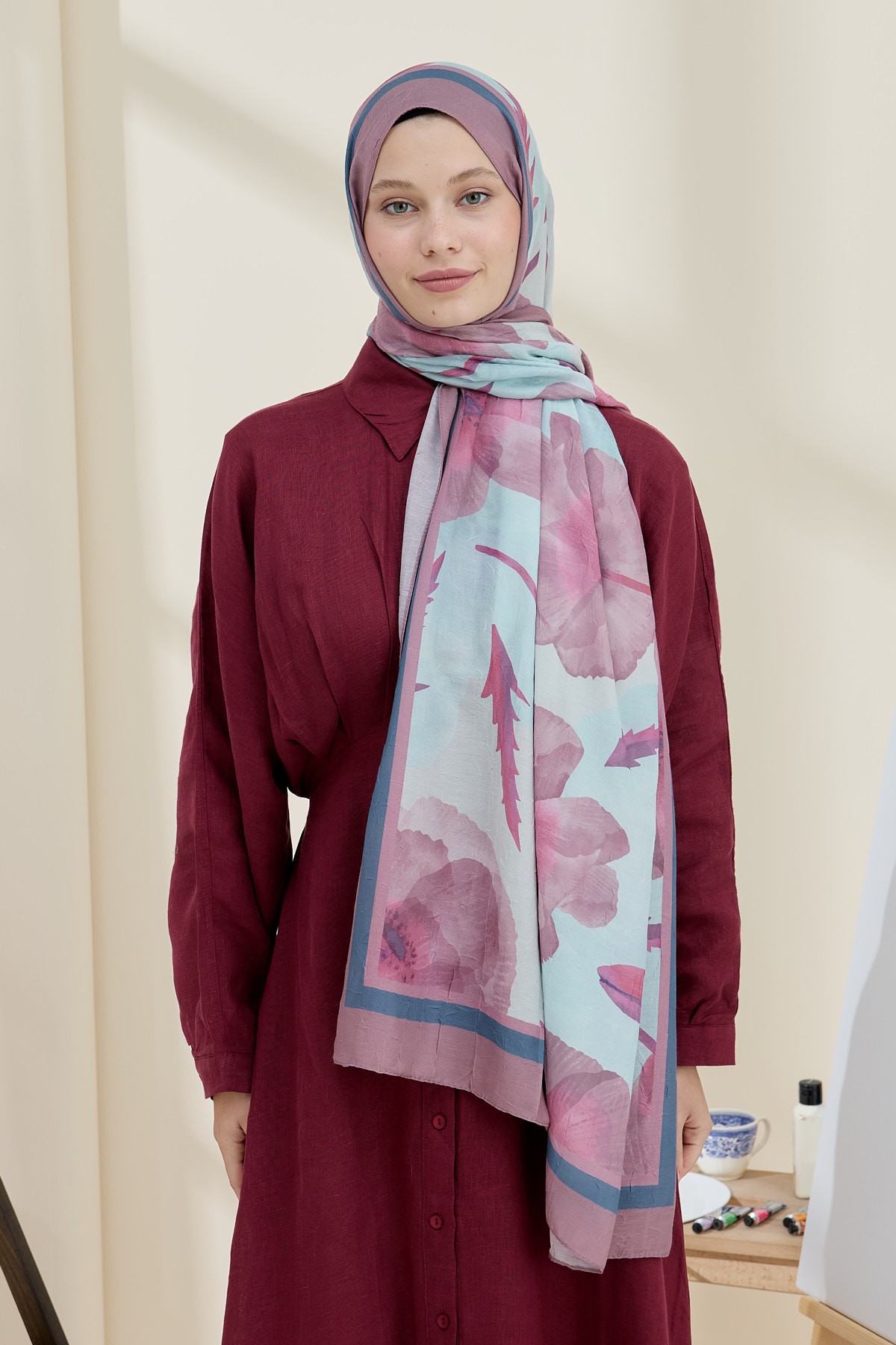 Poppy Pattern Bamboo Shawl - Marsala