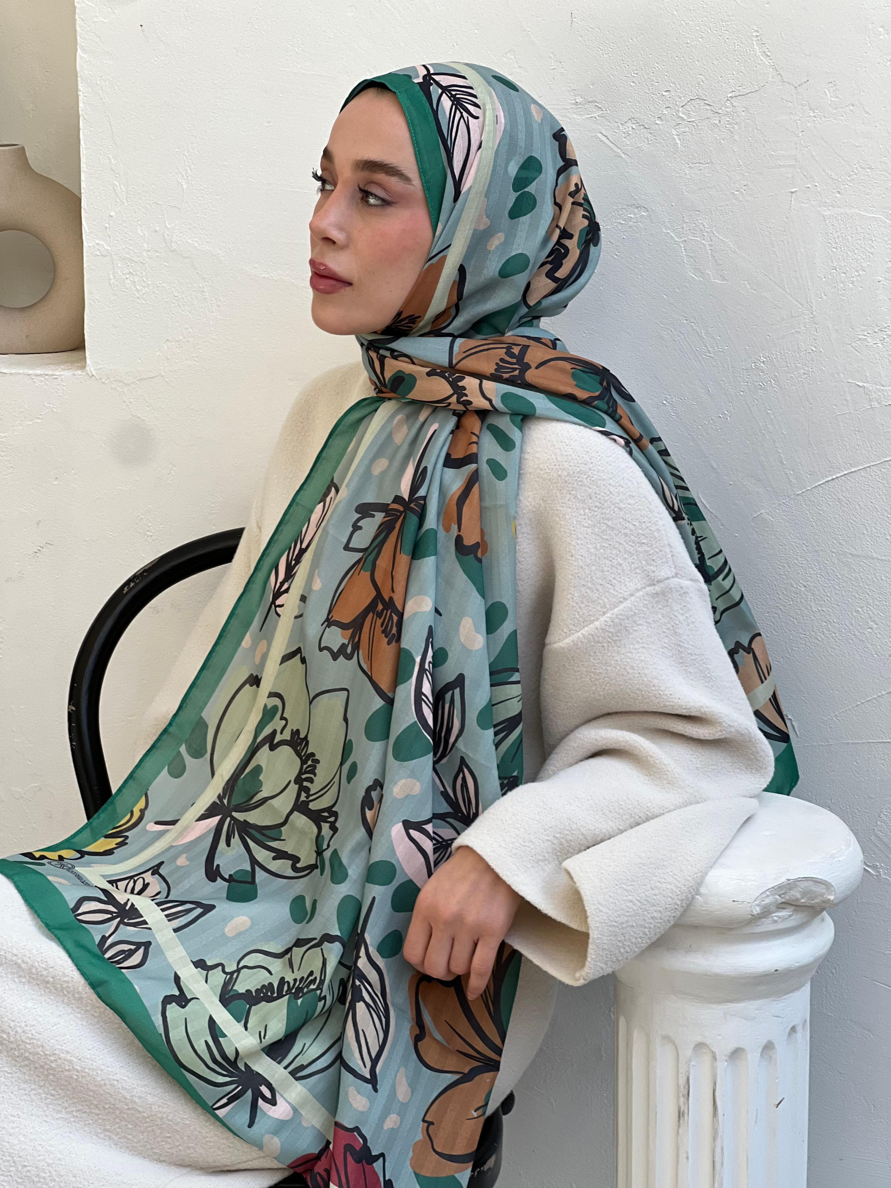 Lilium Pattern Striped Shawl - Green