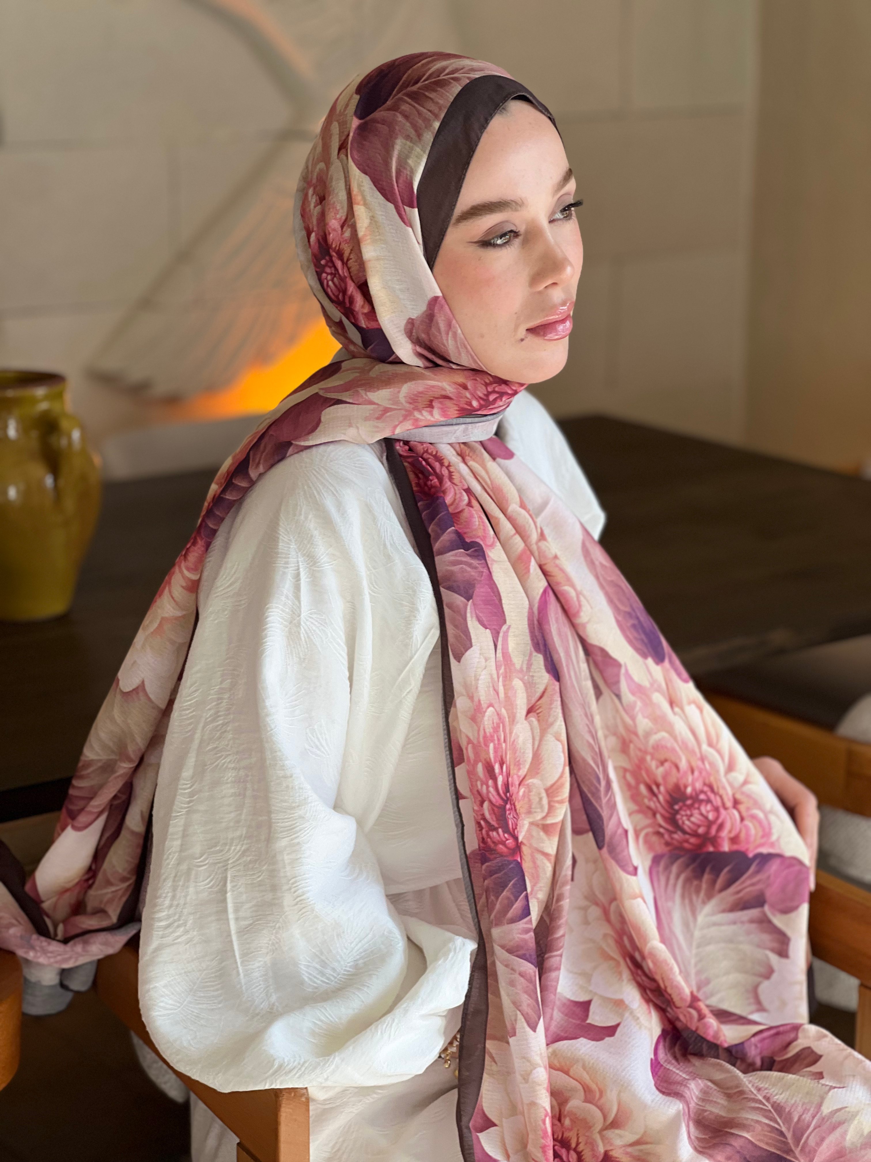 Ortanca Desen Lina Şal - Acı Kahve