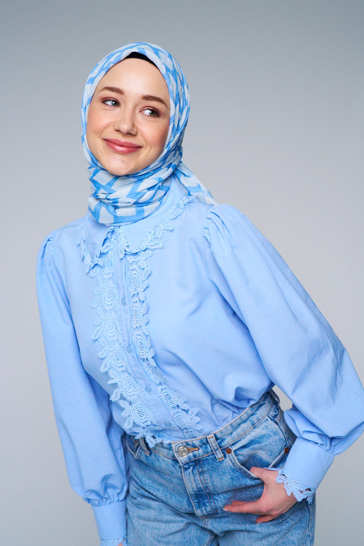 Box Desen Bambu Eşarp - Mavi