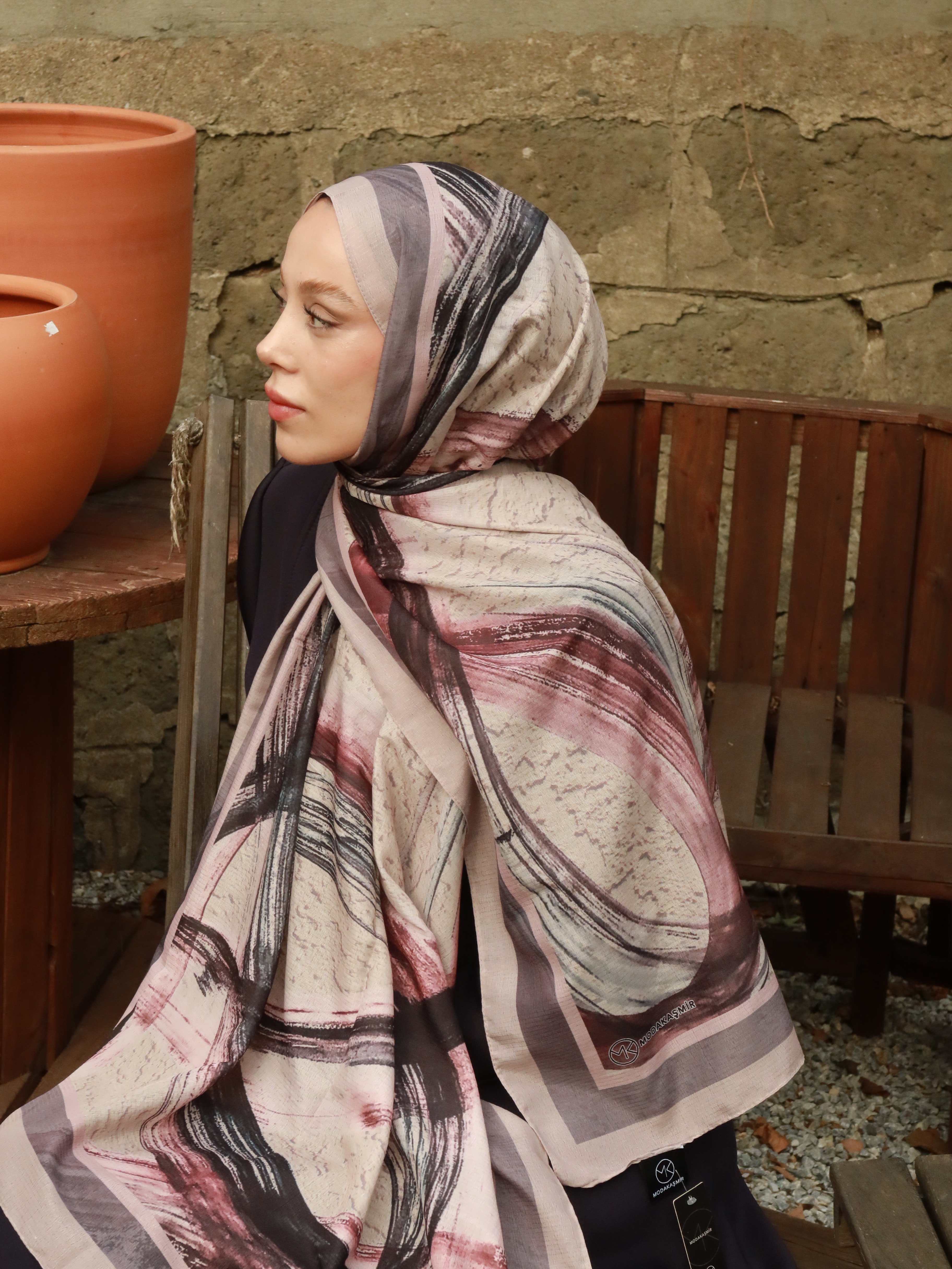 Medcezir Desen Lina Şal - Açık Vizon