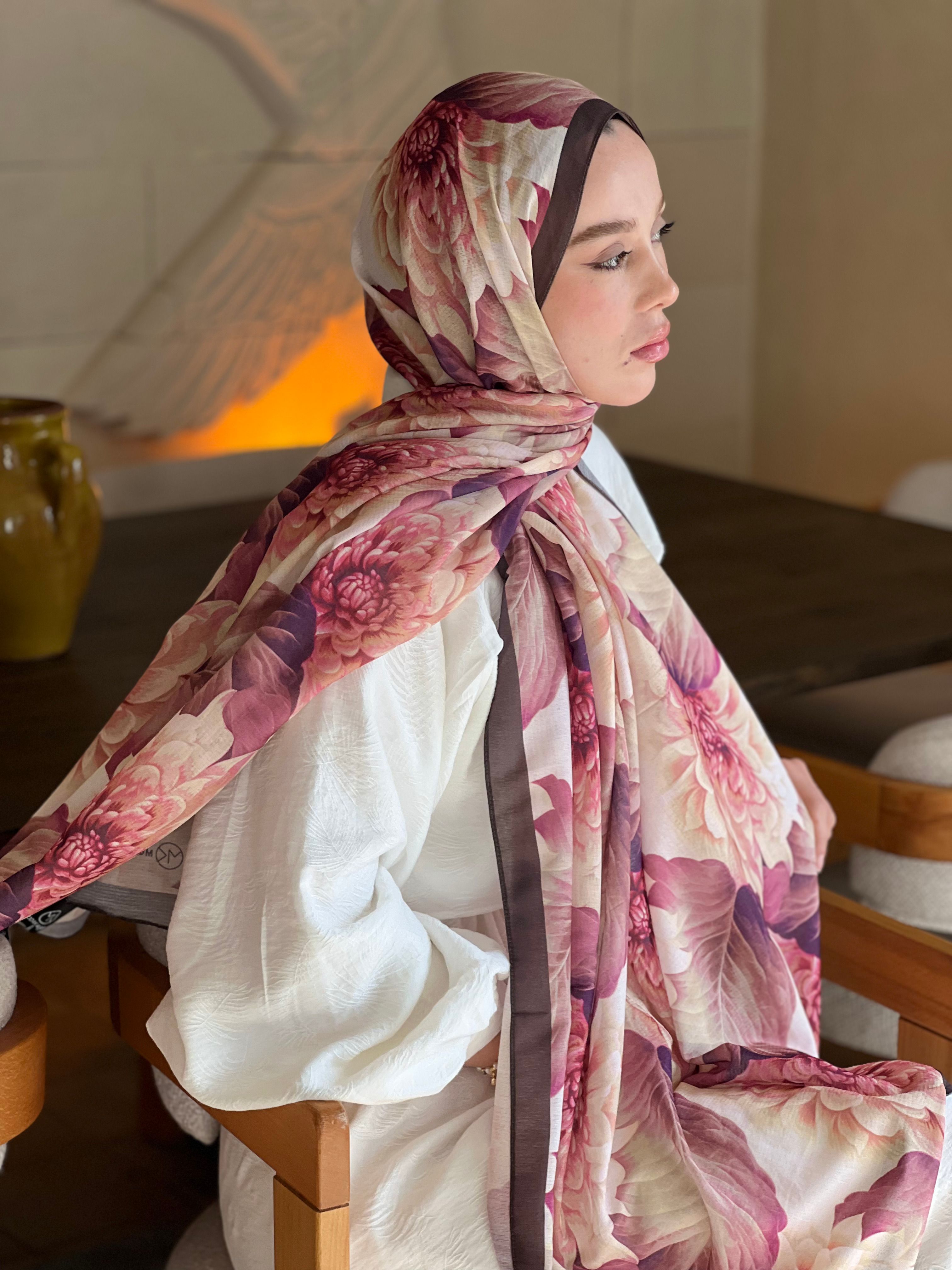 Ortanca Desen Lina Şal - Acı Kahve-Pembe