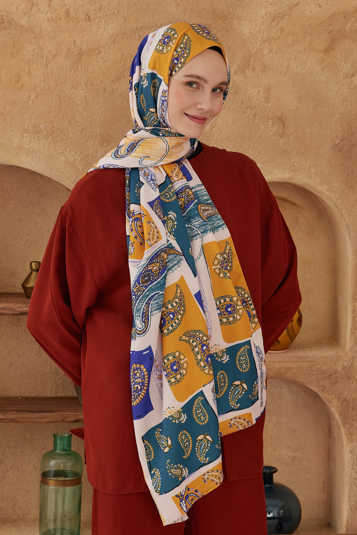 Silky Shawl Paisley Patchwork Pattern - Açık Pudra-Petrol