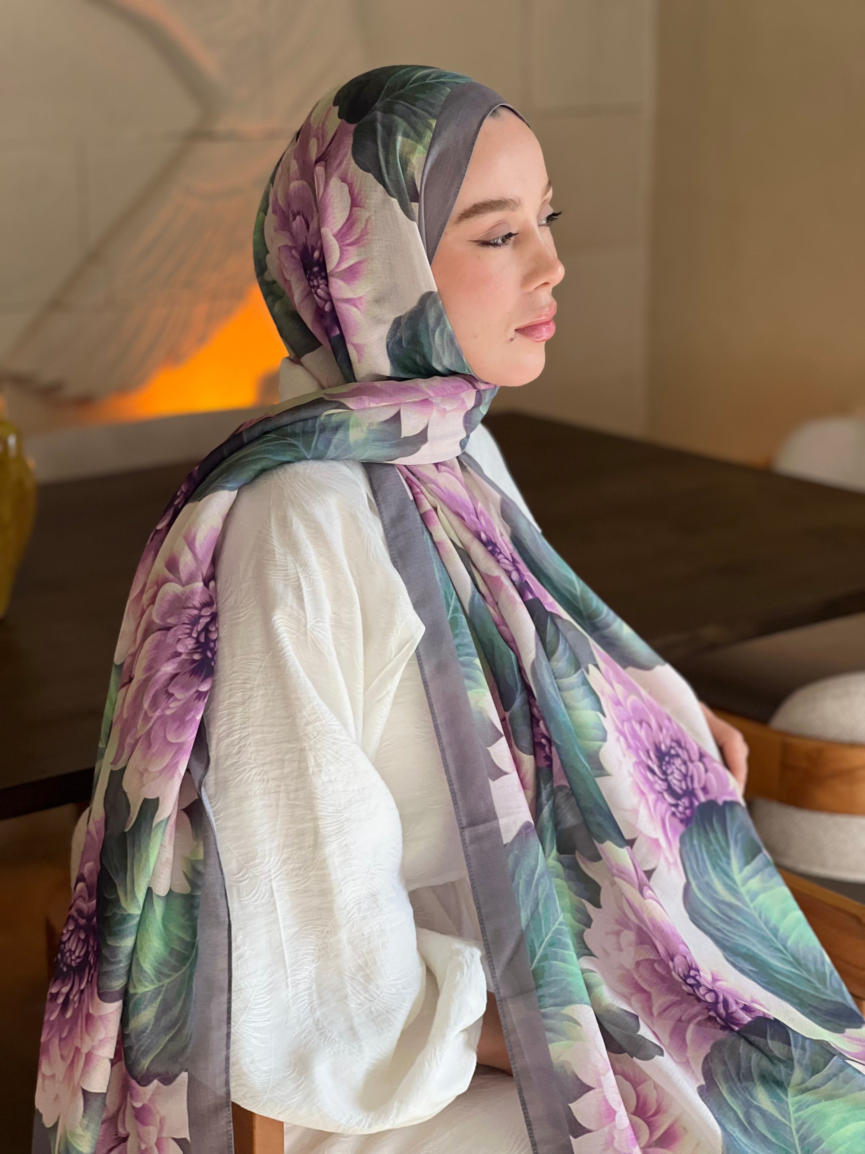 Ortanca Desen Lina Şal - Gri
