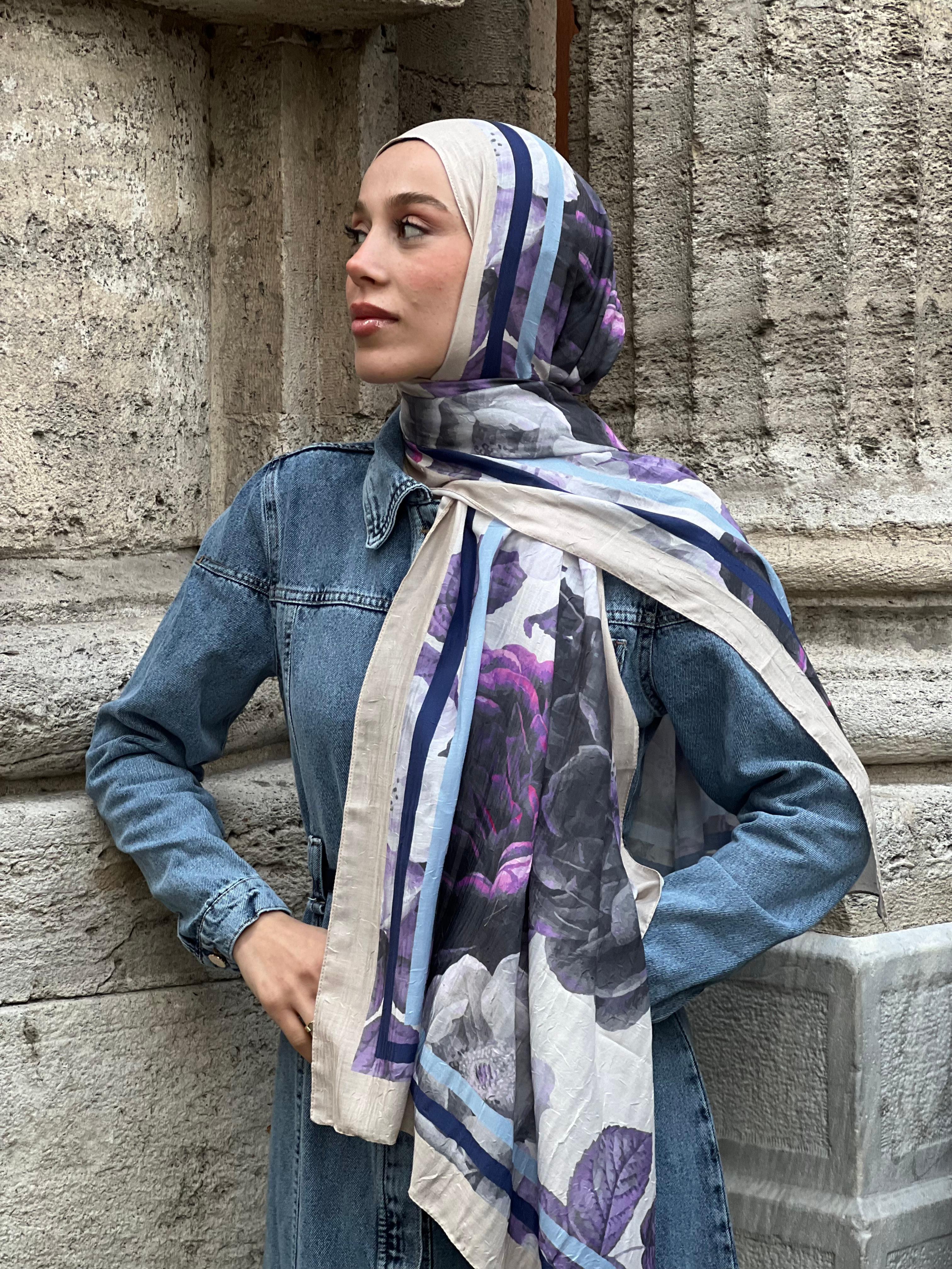 Gül Desen Bambu Şal - İğde-Lacivert