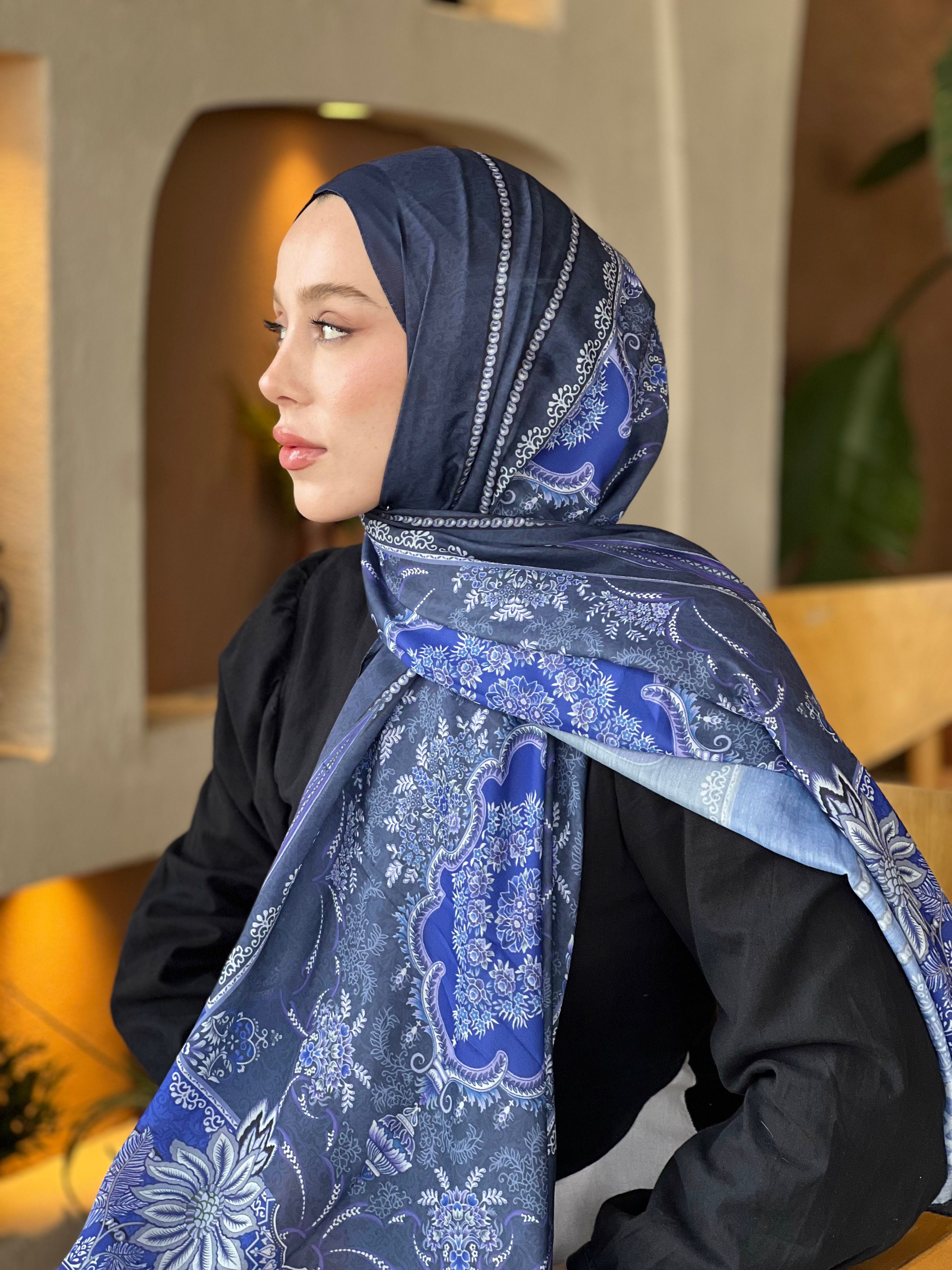 Huesca Pattern Cotton Shawl - Navy Blue-Blue