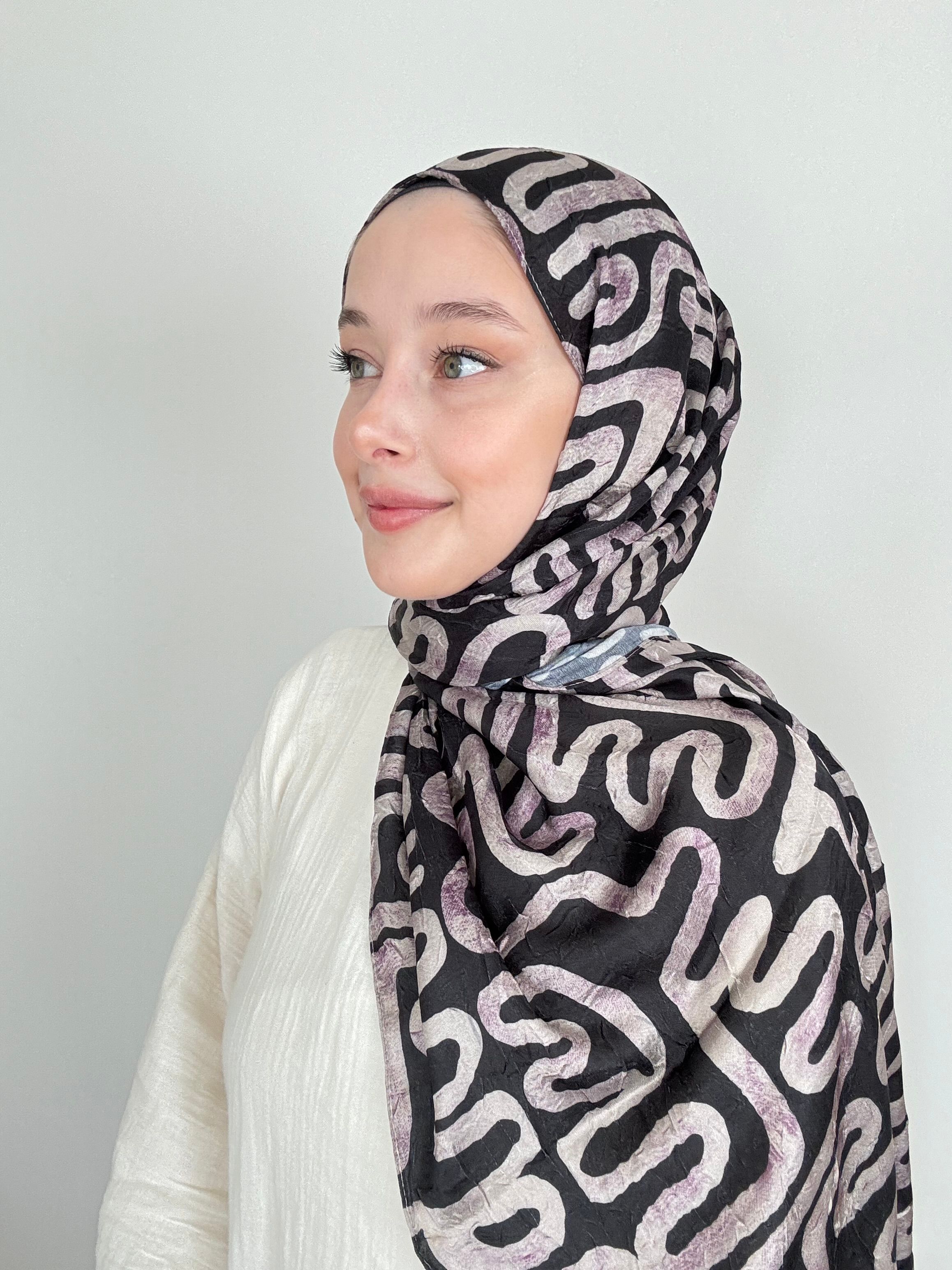 Abstract Wave Pattern Bright Bamboo Shawl - Siyah-Gri