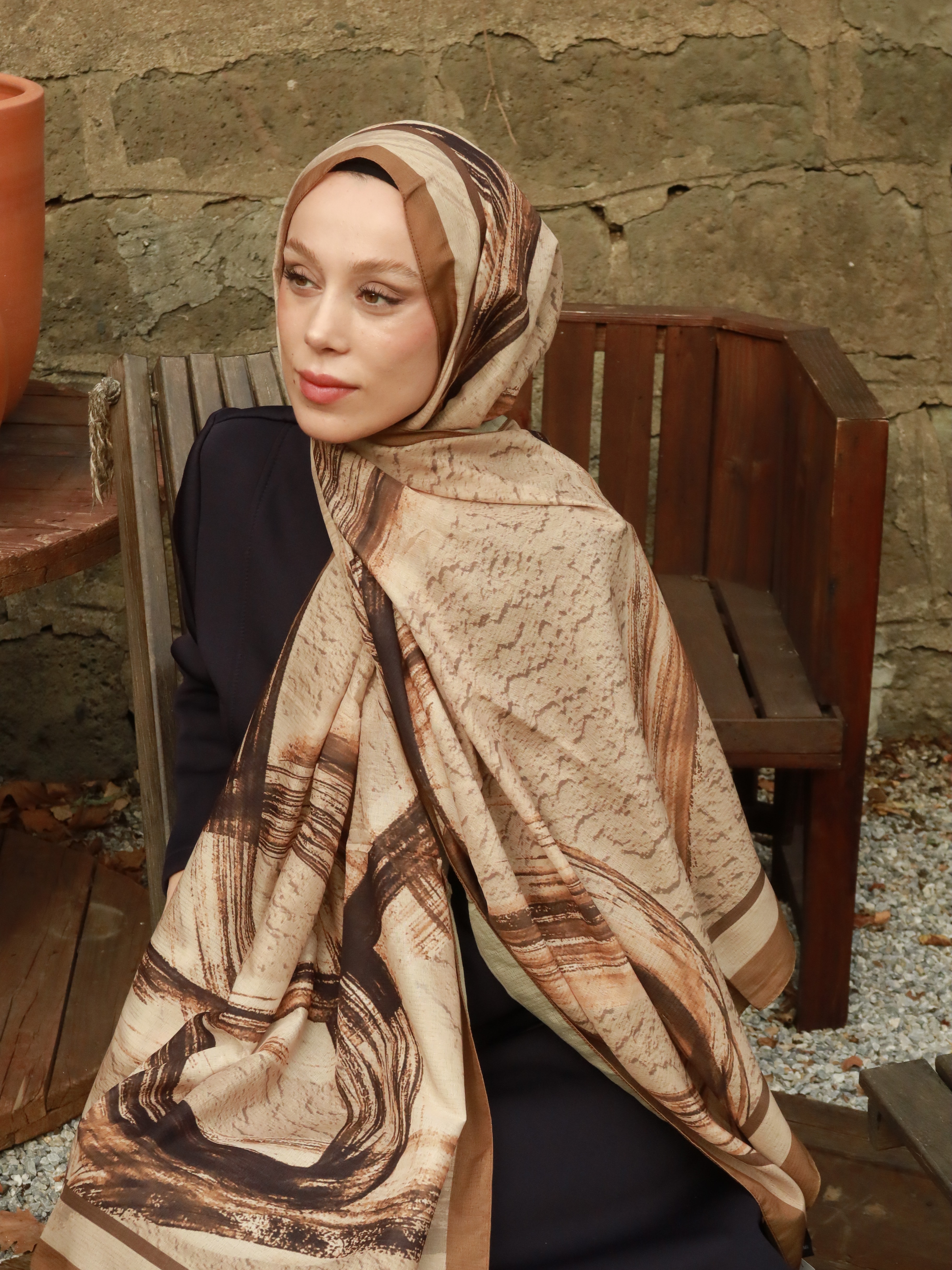 Medcezir Desen Lina Şal - Bronz
