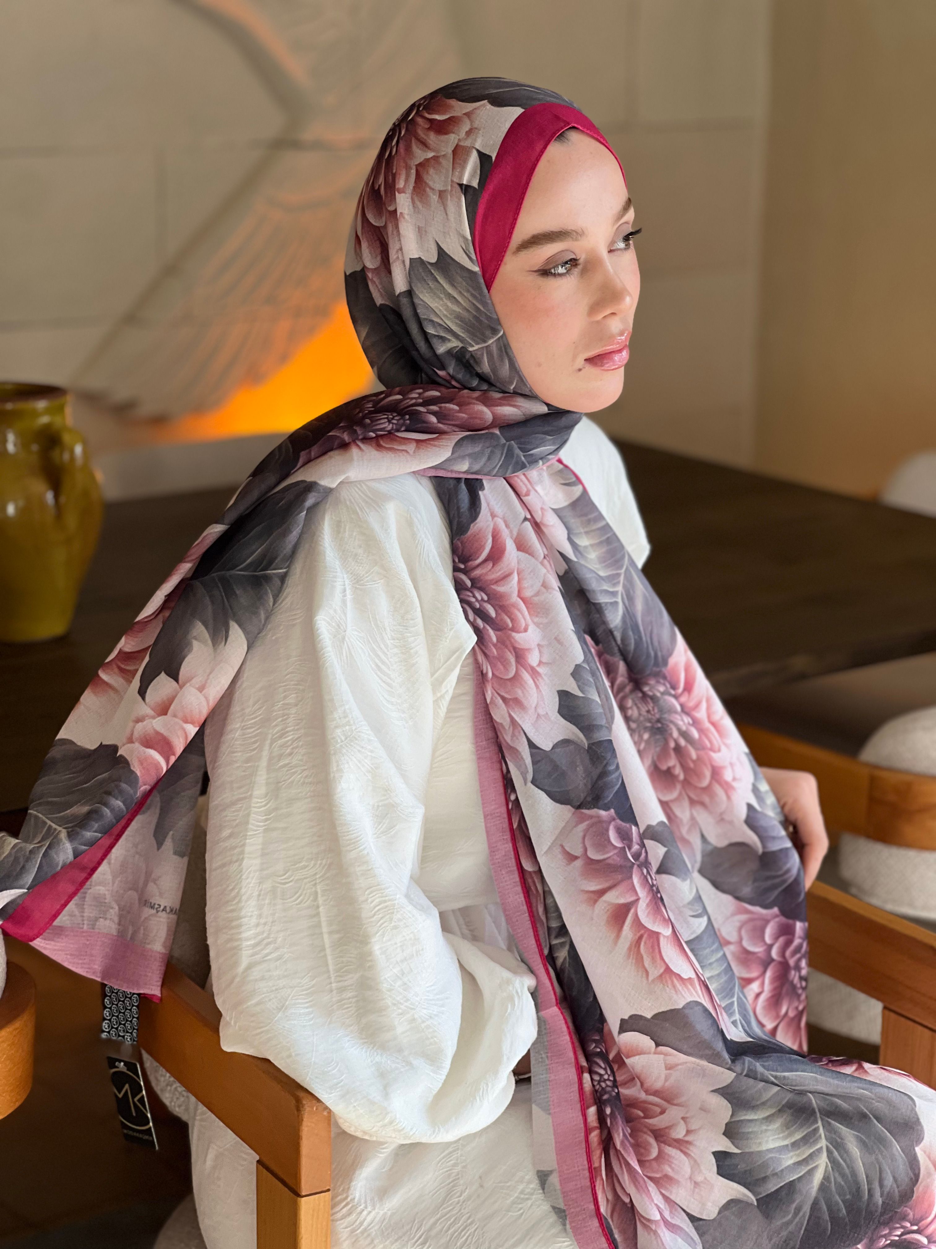 Ortanca Desen Lina Şal - Fuşya