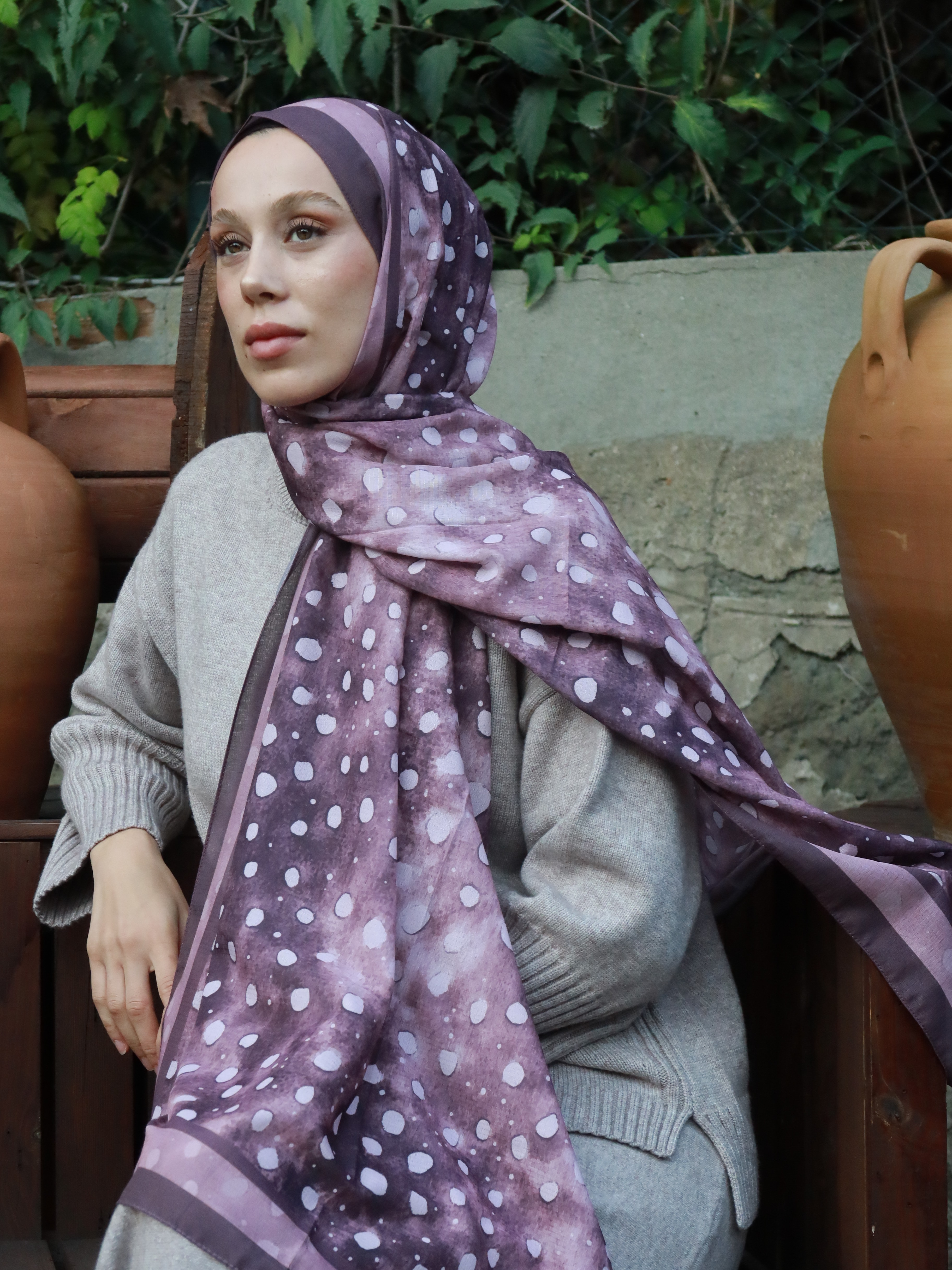 Geyik Desen Lina Şal - Mürdüm