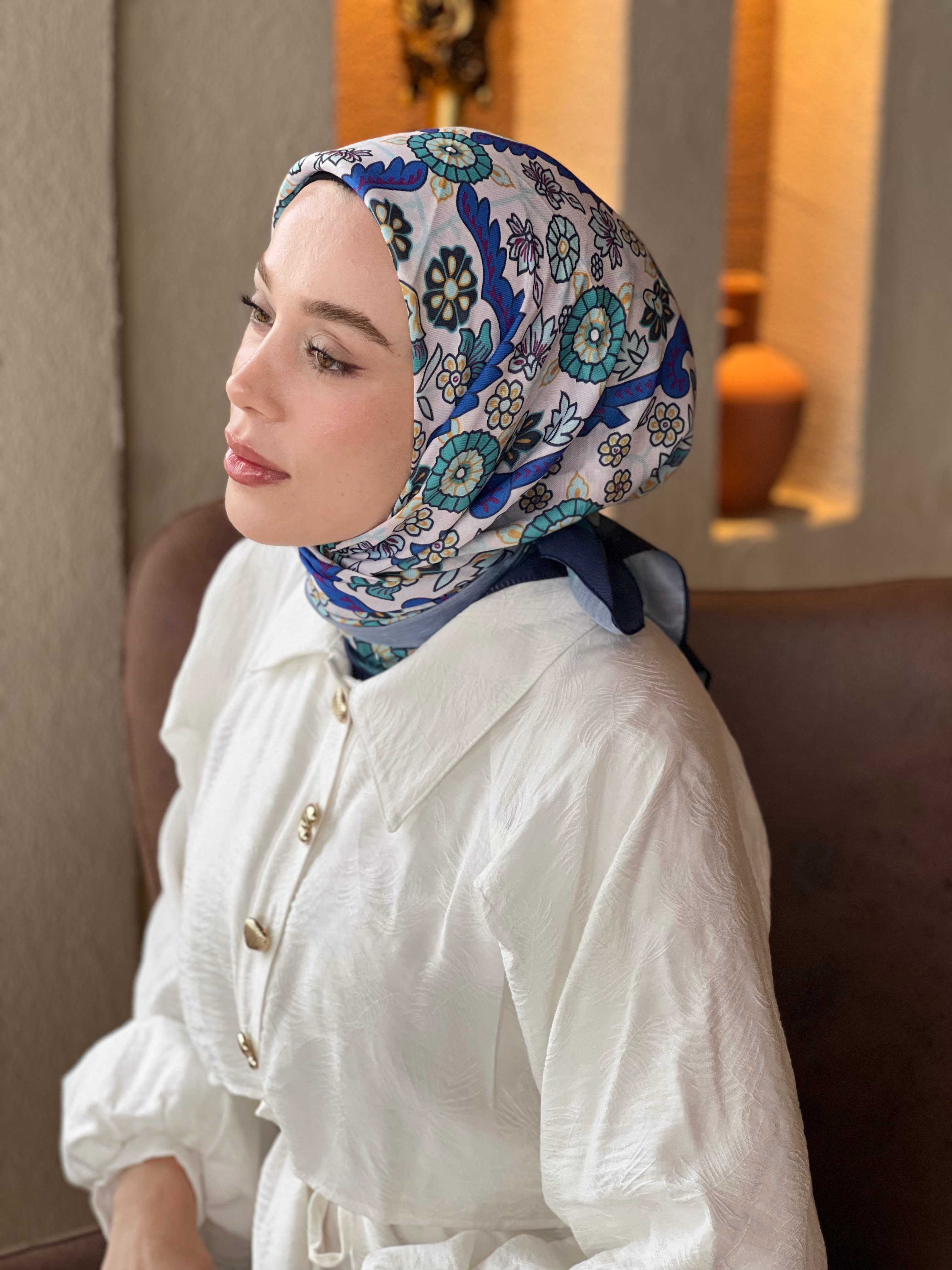 Kayra Pattern Cotton Scarf - Navy Blue