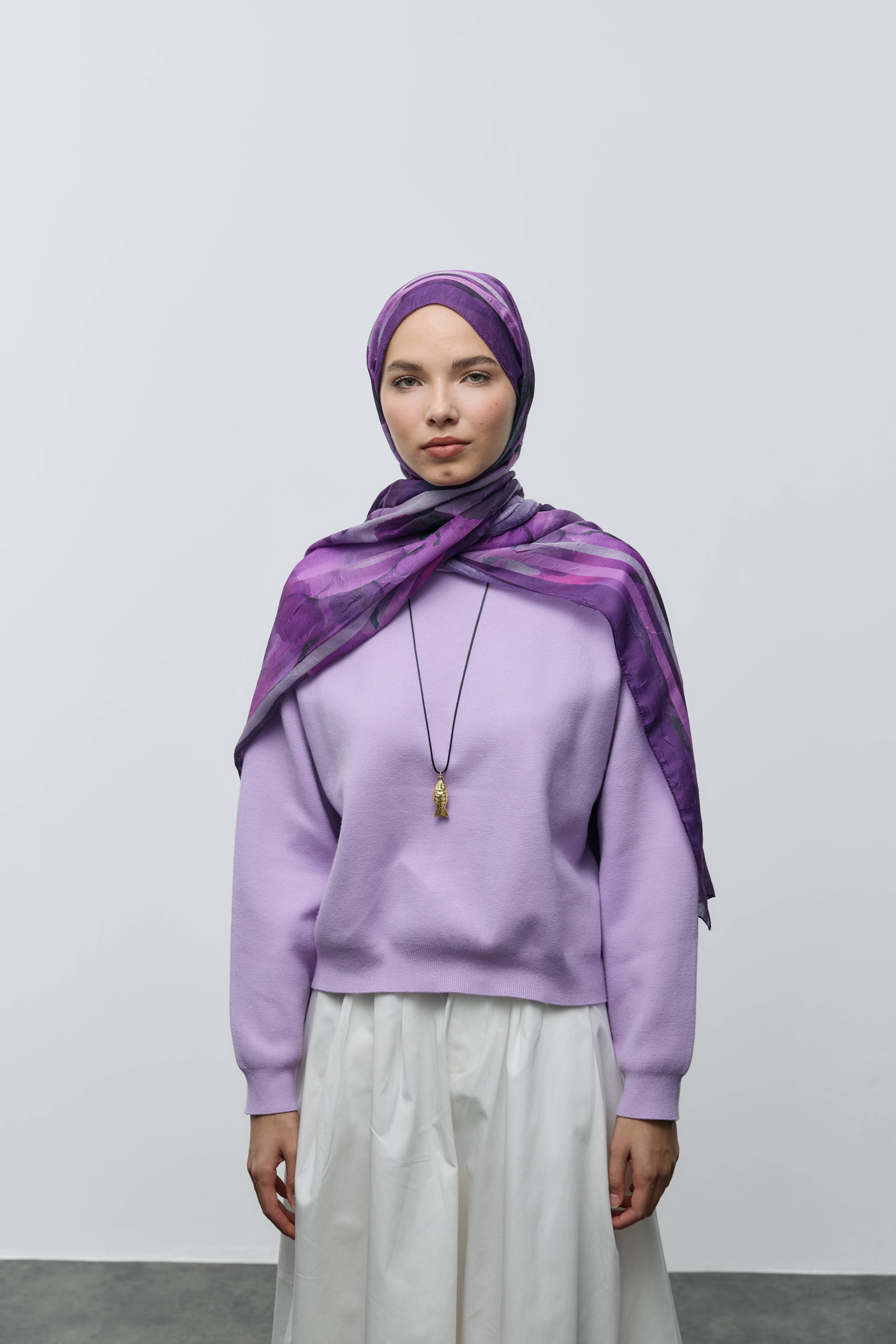 Natura Desen Bambu Şal - Koyu Mor