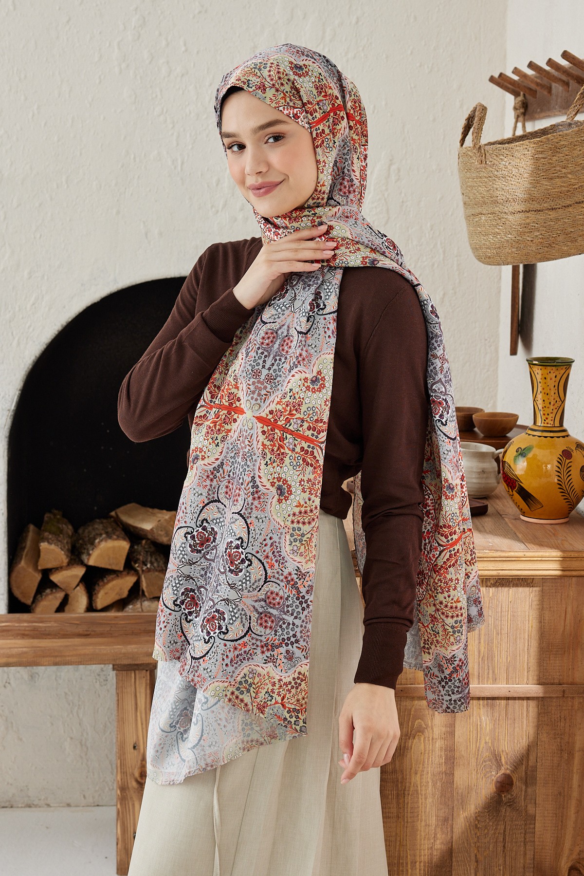 Silky Shawl Munhani Pattern - Gri-Soft Yeşil