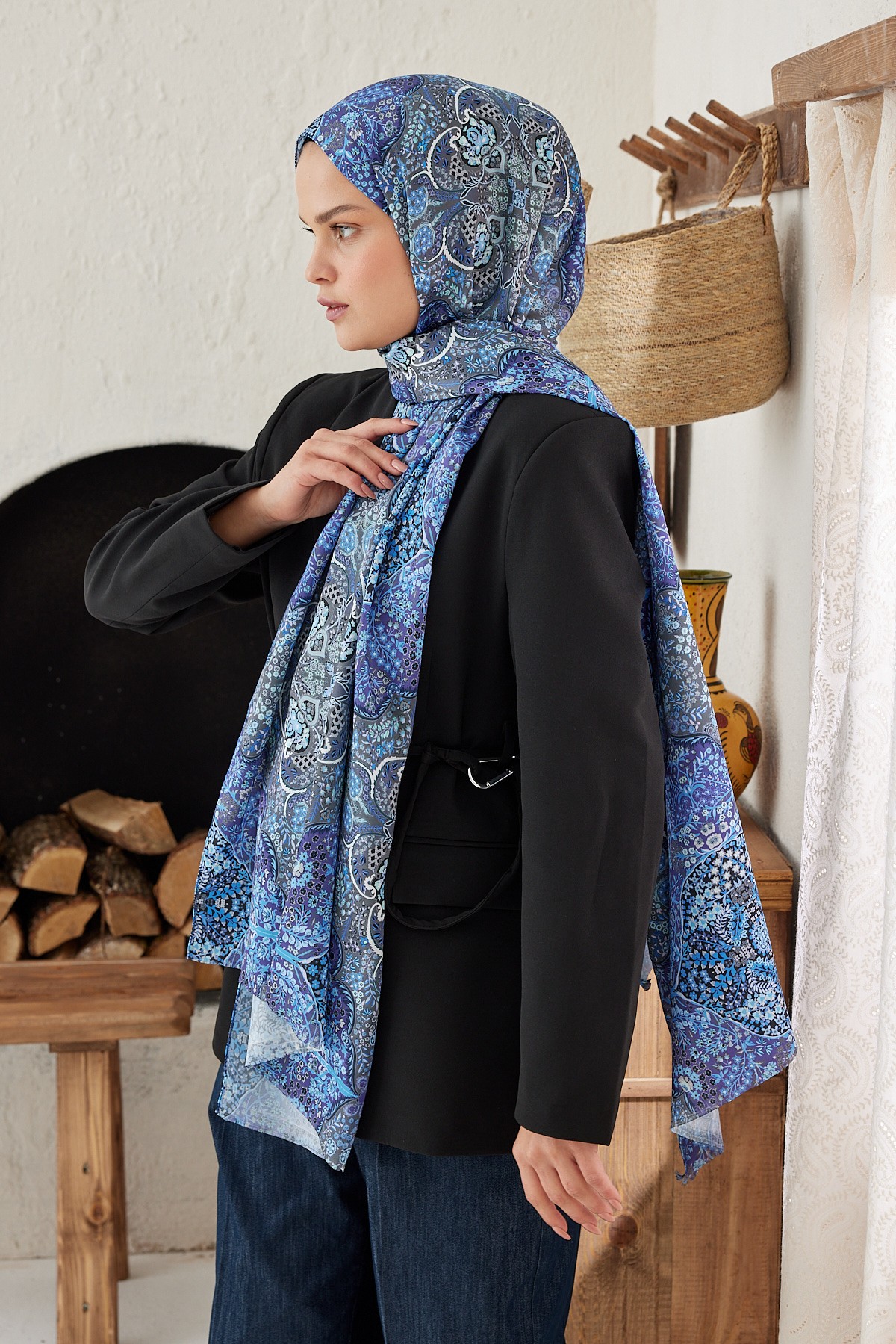 Silky Shawl Munhani Pattern - Antrasit-Saks Mavisi