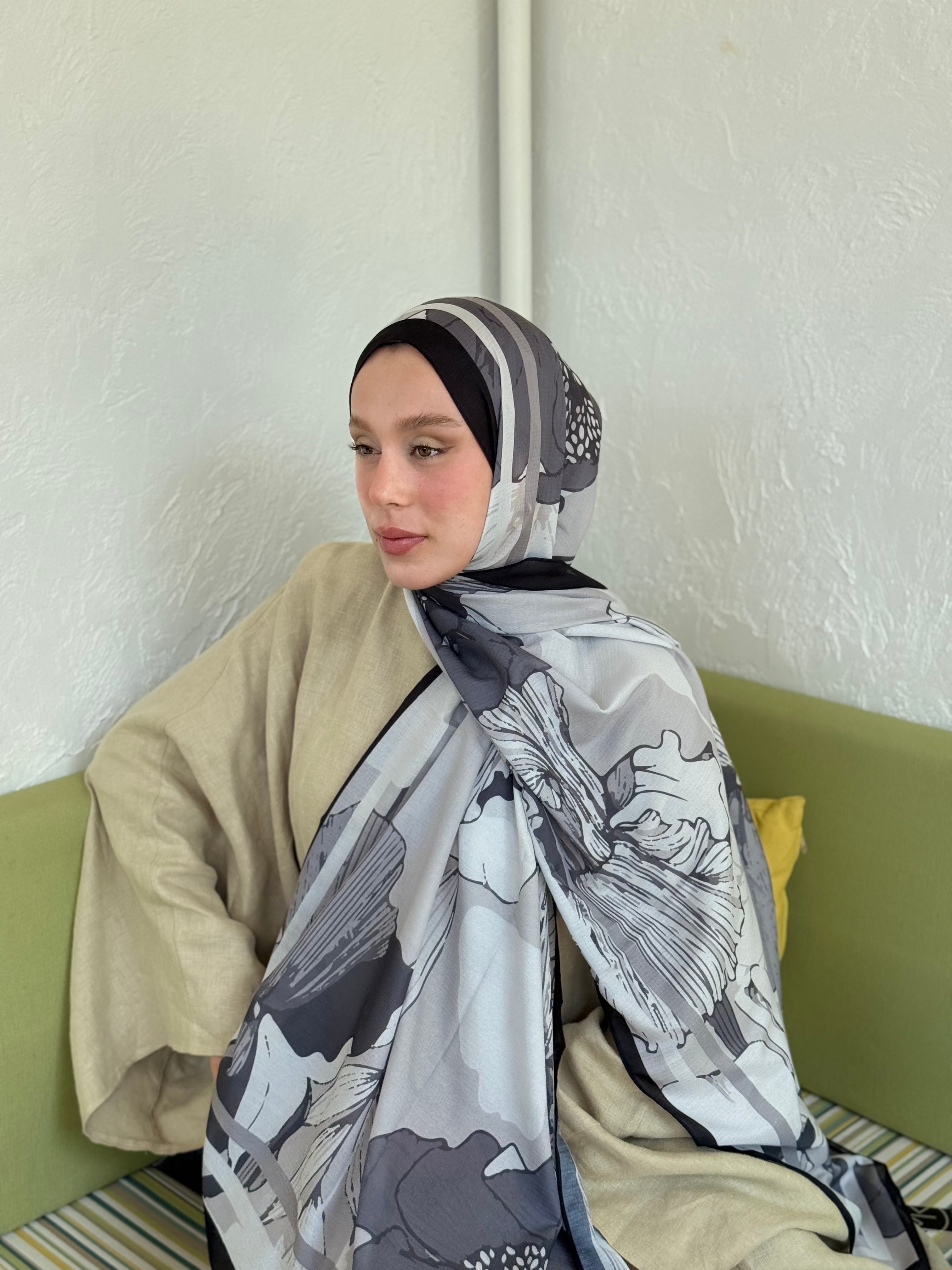 Shelia Desen Lina Şal - Siyah-Gri