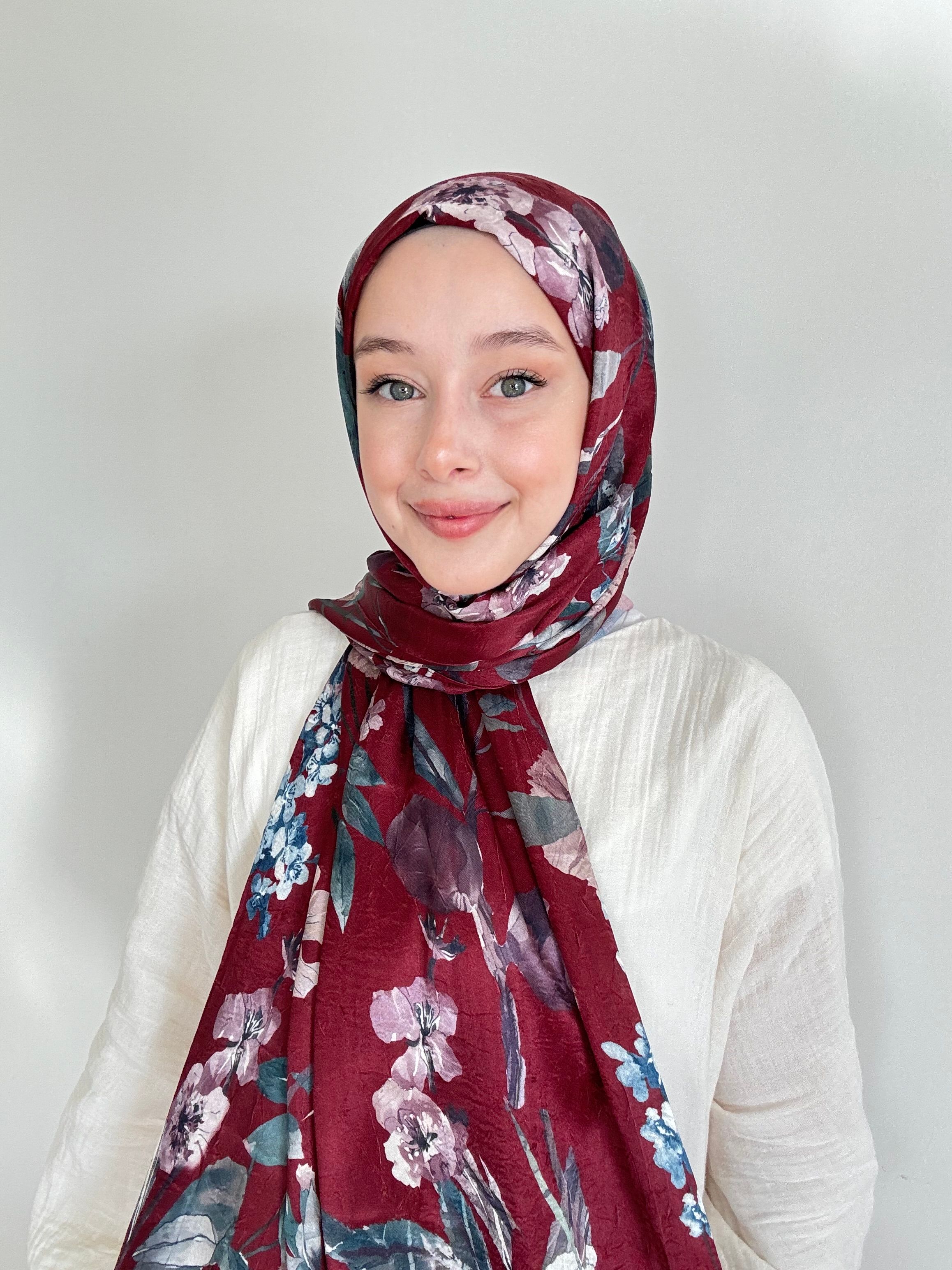 Aquarel Flower Pattern Bright Bamboo Shawl - Bordo