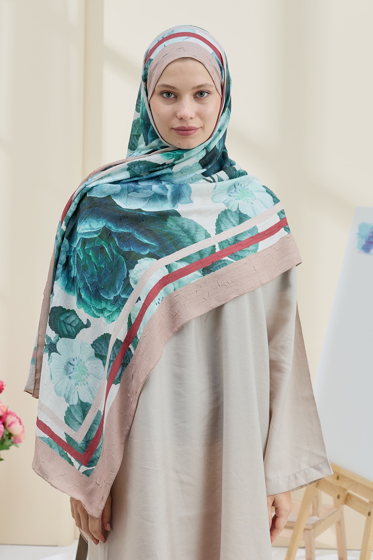 Gül Desen Bambu Şal - Vizon