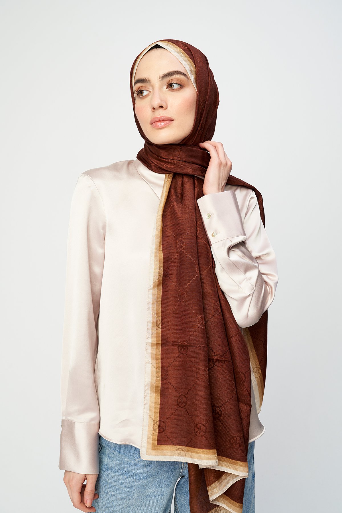 Monogram Jacquard Series Mk Baklava Shawl - Spindle-Brown