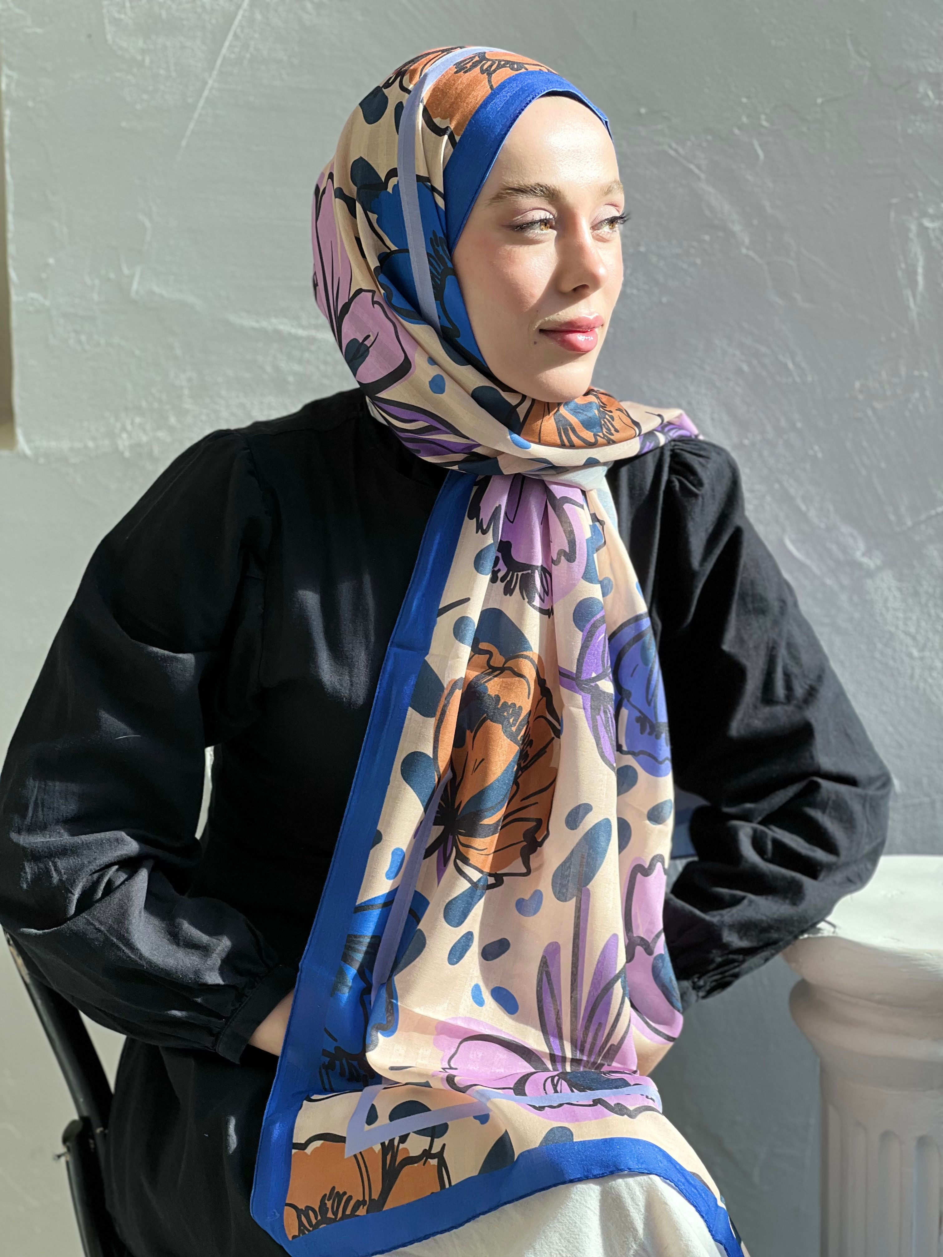 Lilium Pattern Striped Shawl - Dark Blue