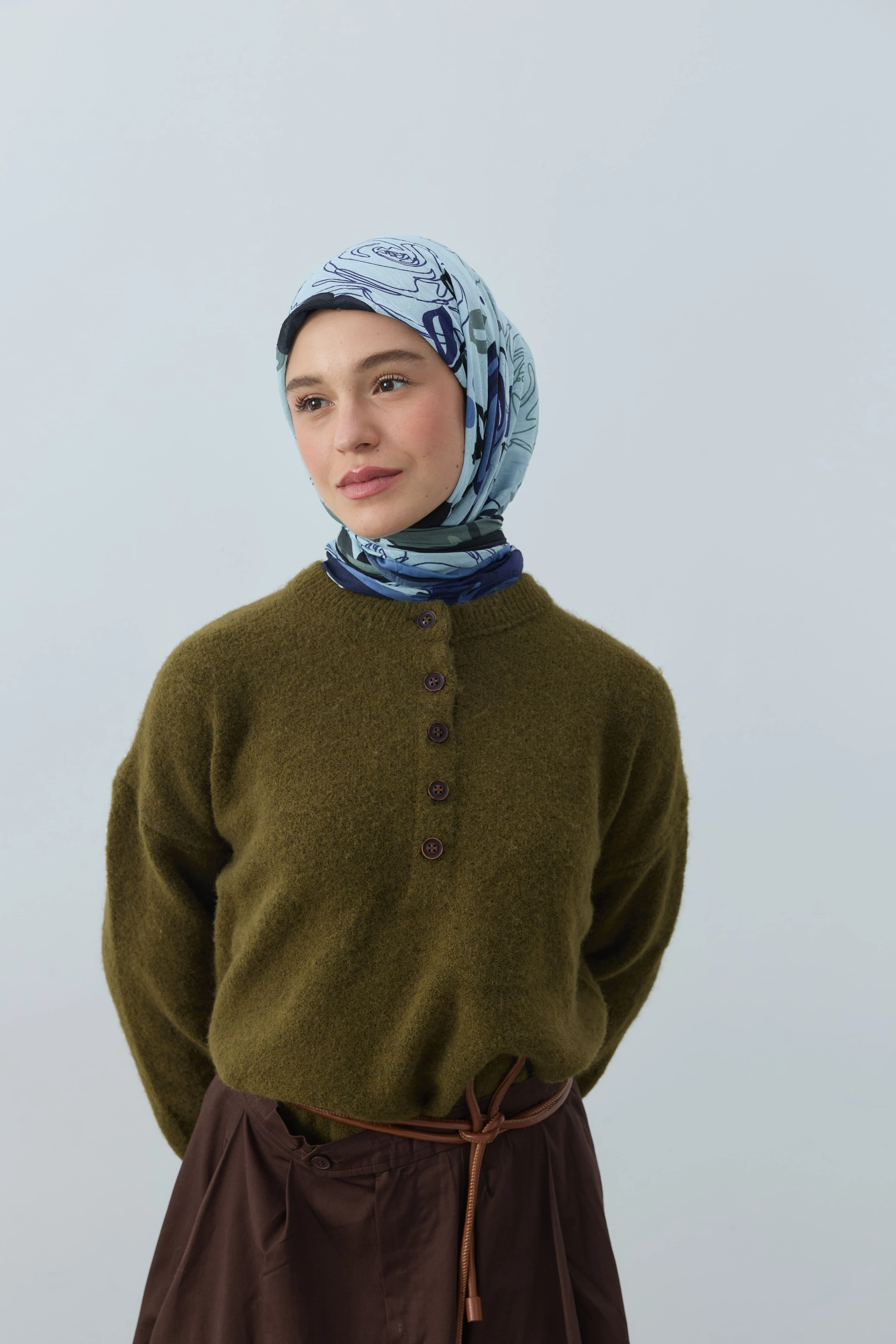 Olyvia Desen Bambu Eşarp - Lacivert-Mavi