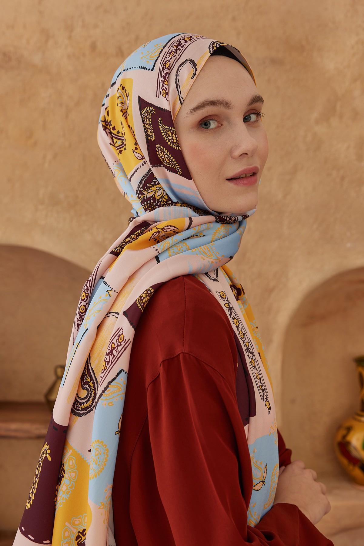 Silky Shawl Paisley Patchwork Pattern - Somon-Sarı