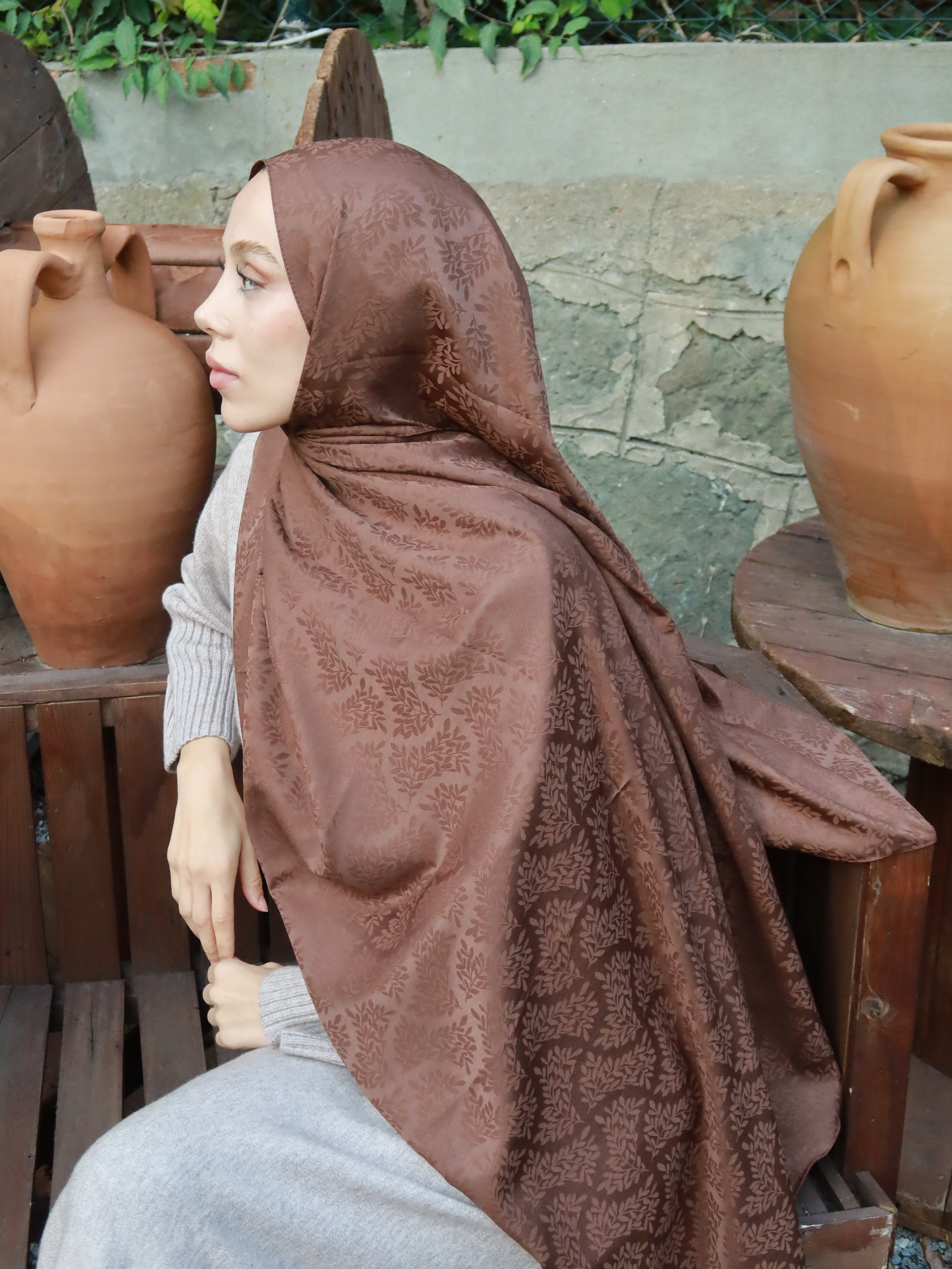 Hazan Desen İpeksi Jakar Şal - Acı Kahve