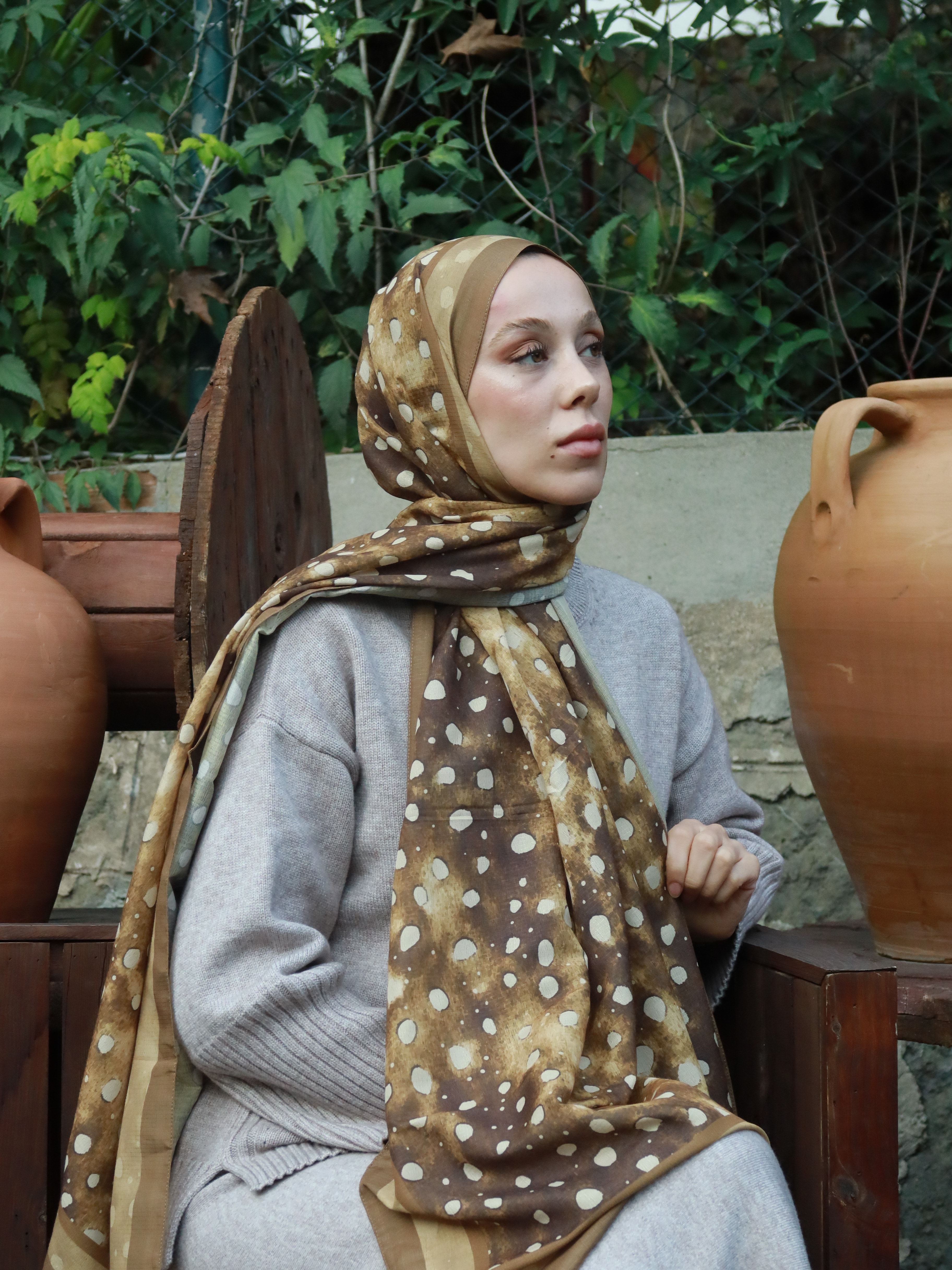 Geyik Desen Lina Şal - Bronz
