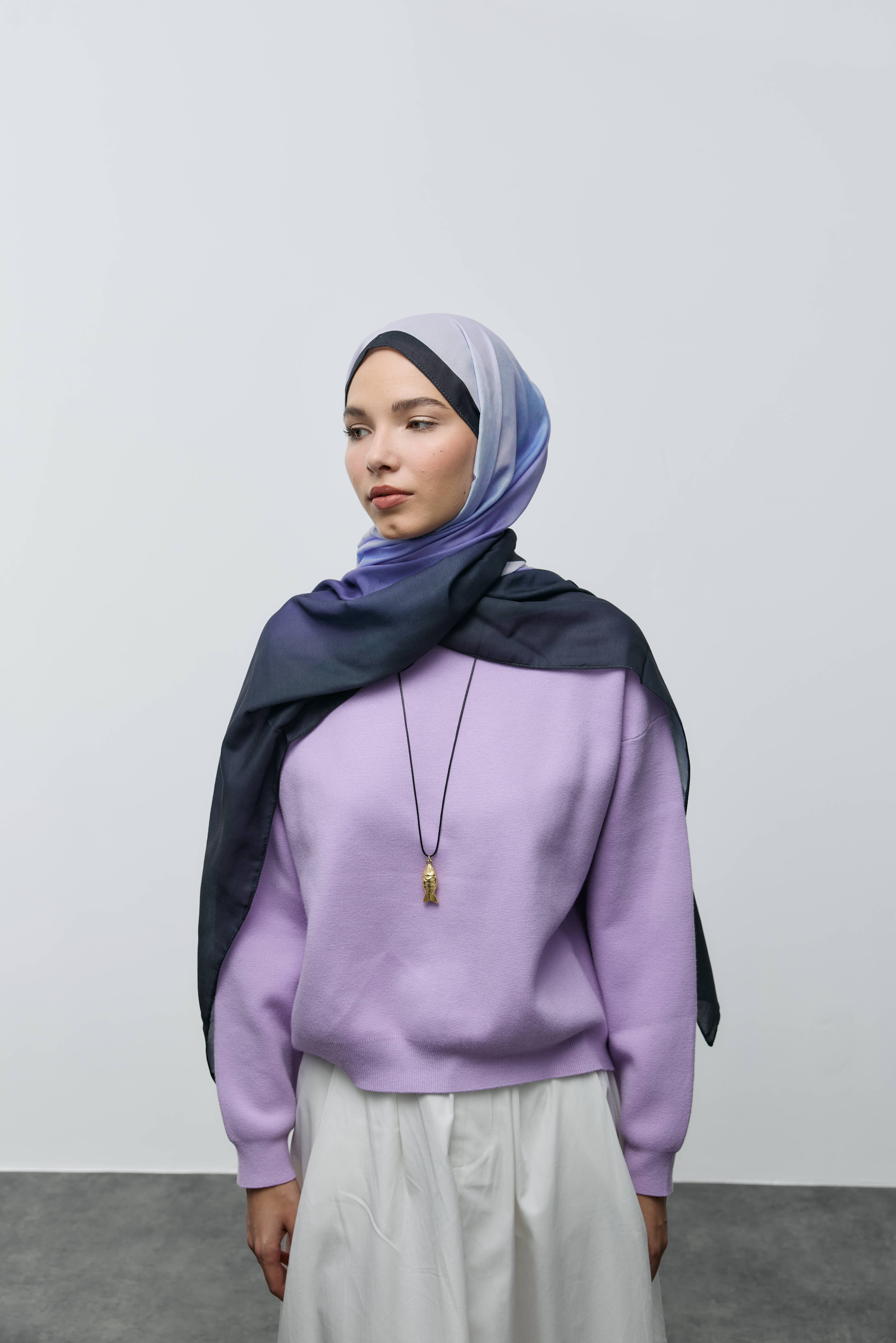 Velin Desen Pamuk Şal - Siyah-Lila