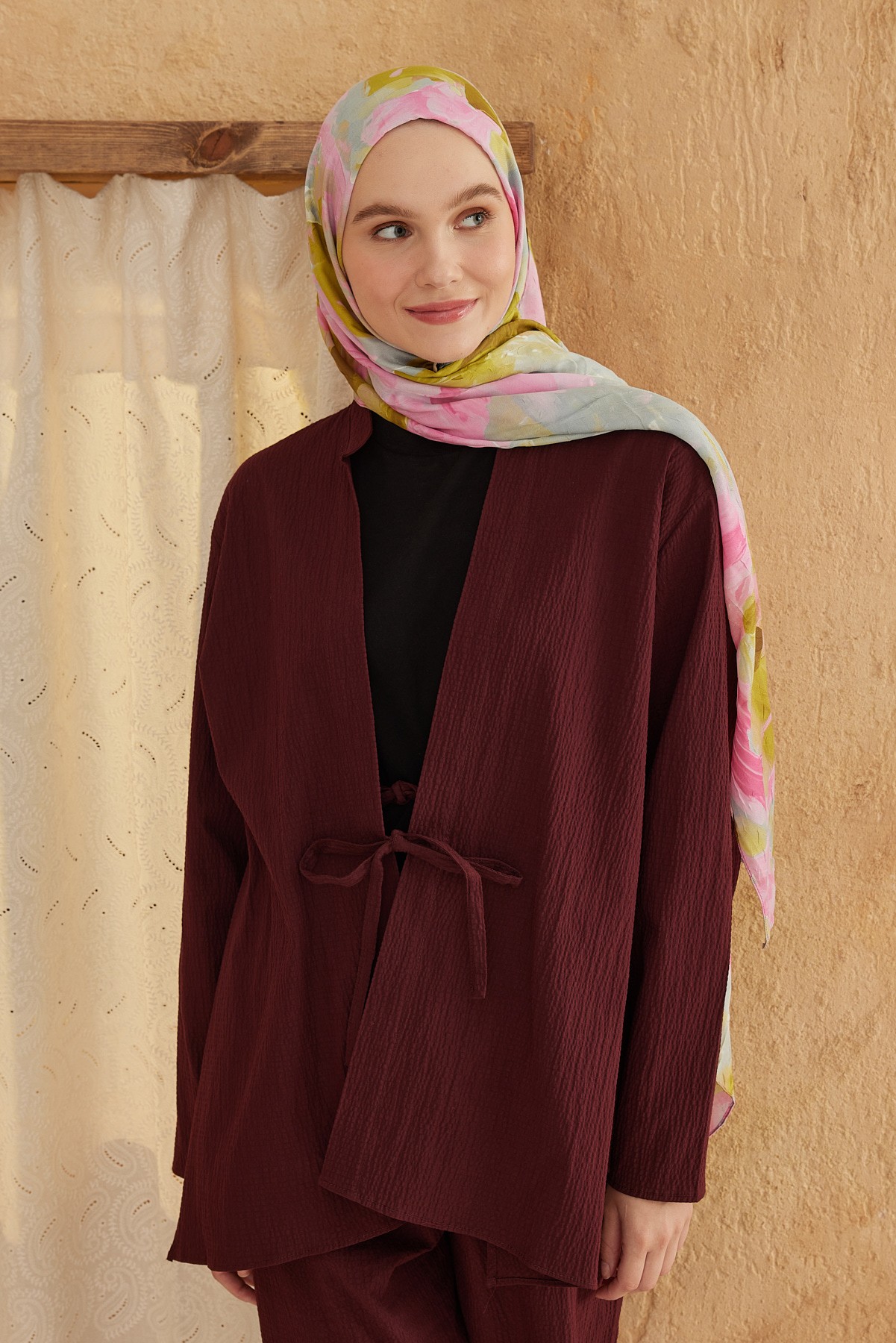 Abstract Desen Bambu Şal - Pembe-Hardal