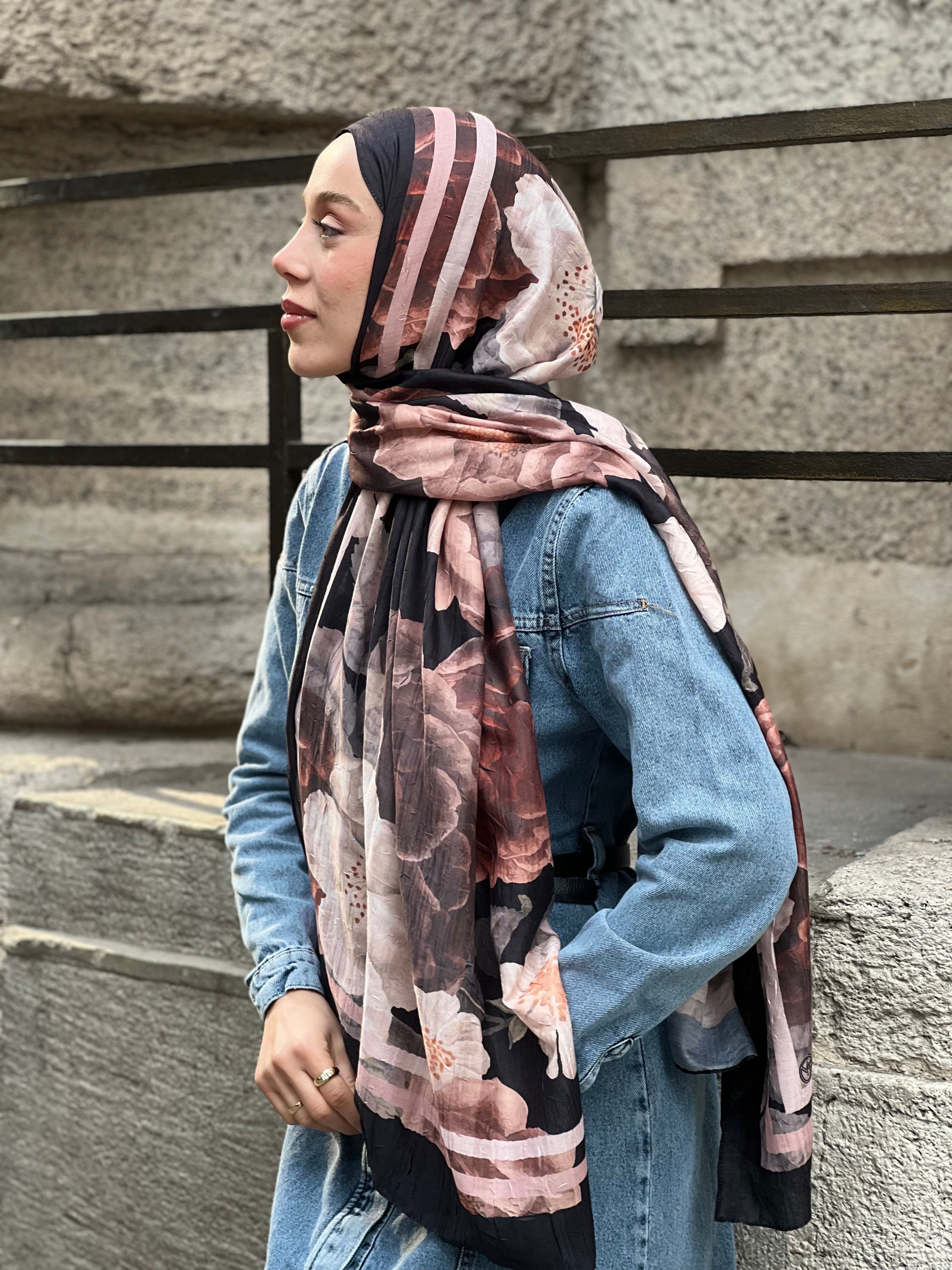 Gül Desen Bambu Şal - Siyah-Pudra